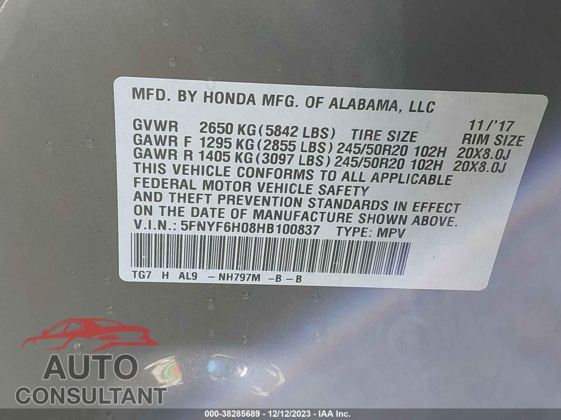 HONDA PILOT 2017 - 5FNYF6H08HB100837