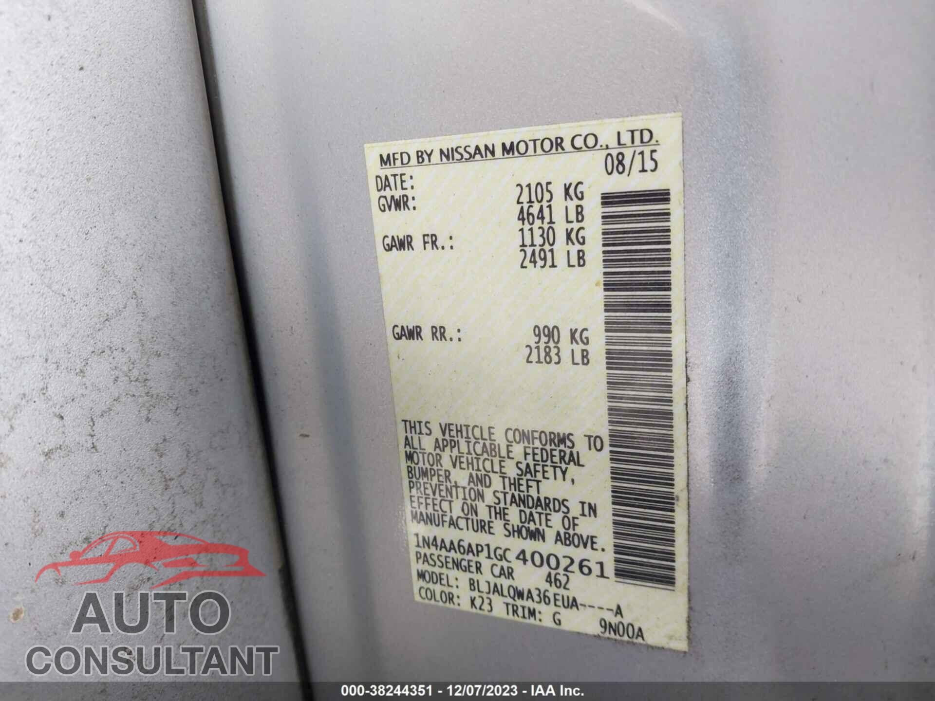 NISSAN MAXIMA 2016 - 1N4AA6AP1GC400261