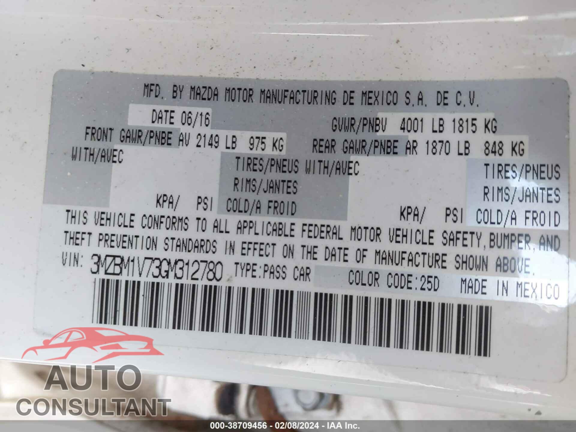 MAZDA MAZDA3 2016 - 3MZBM1V73GM312780