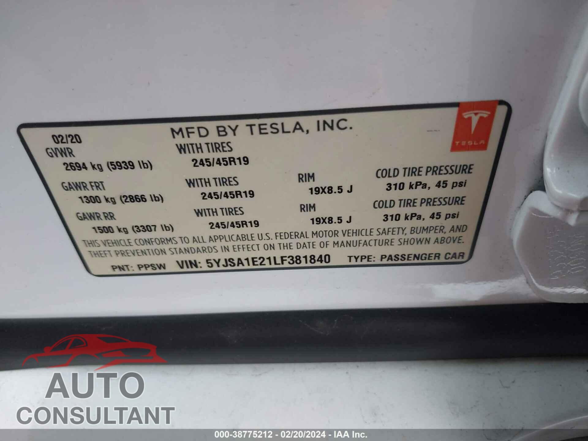 TESLA MODEL S 2020 - 5YJSA1E21LF381840