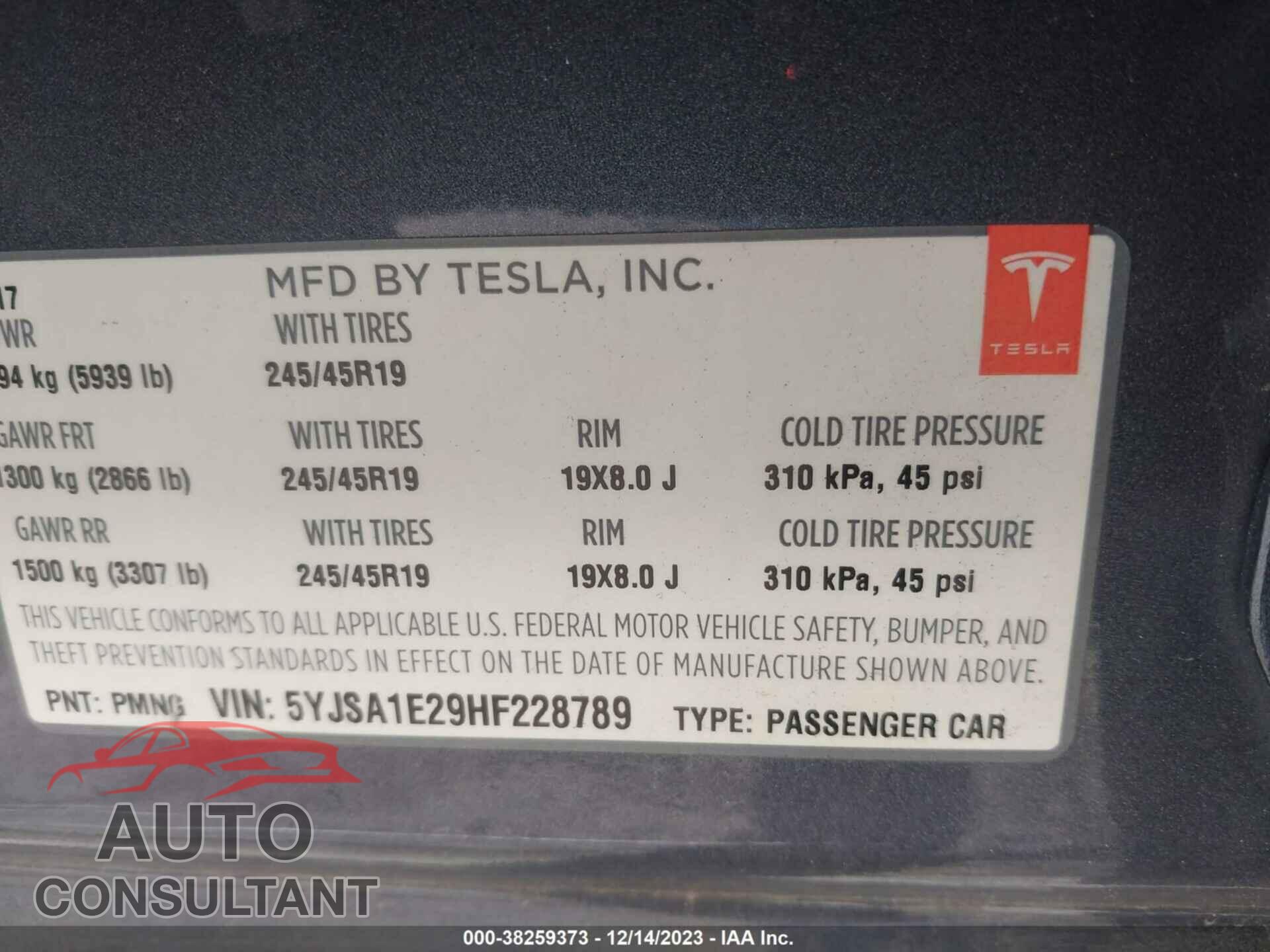 TESLA MODEL S 2017 - 5YJSA1E29HF228789