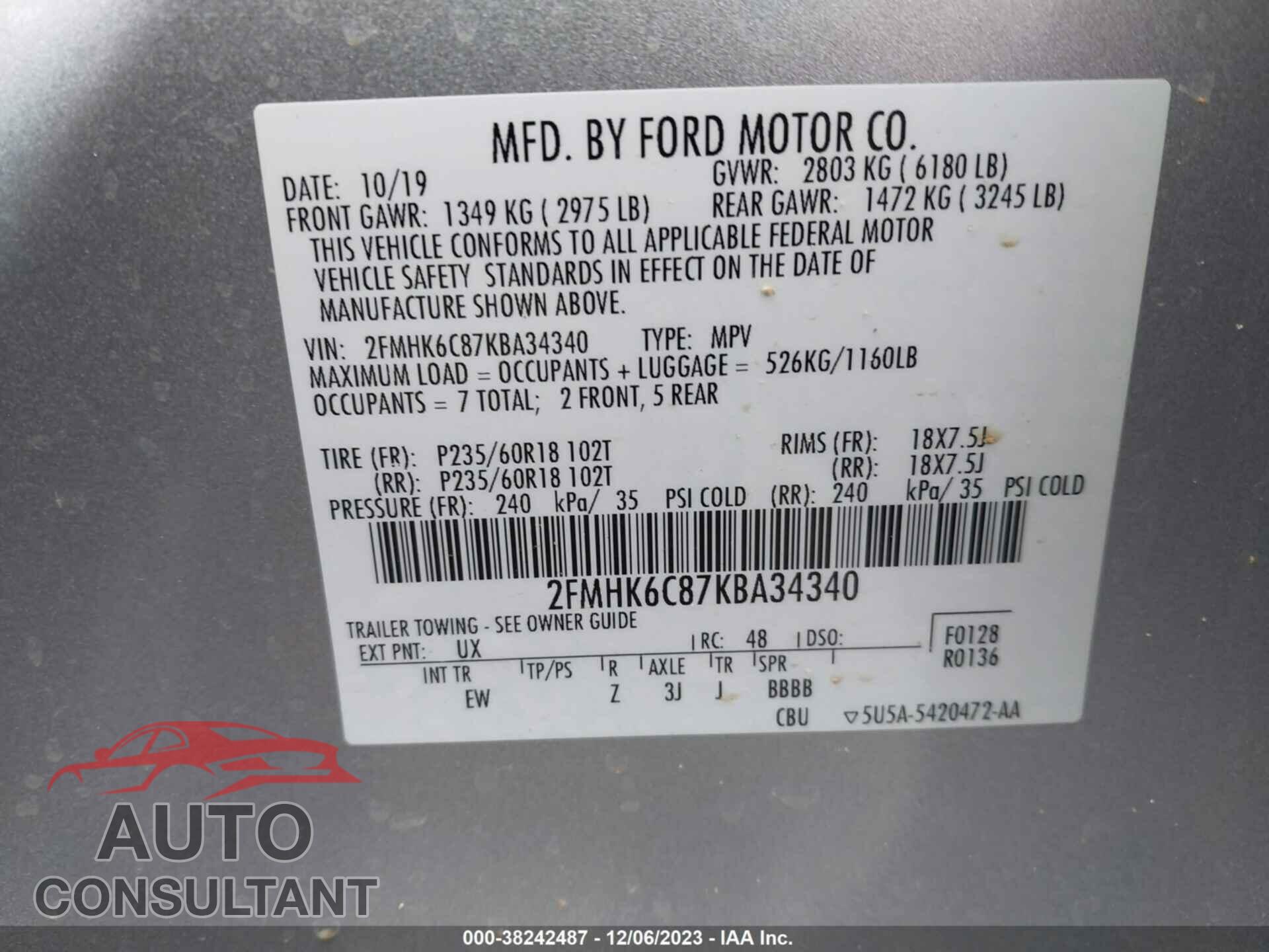 FORD FLEX 2019 - 2FMHK6C87KBA34340