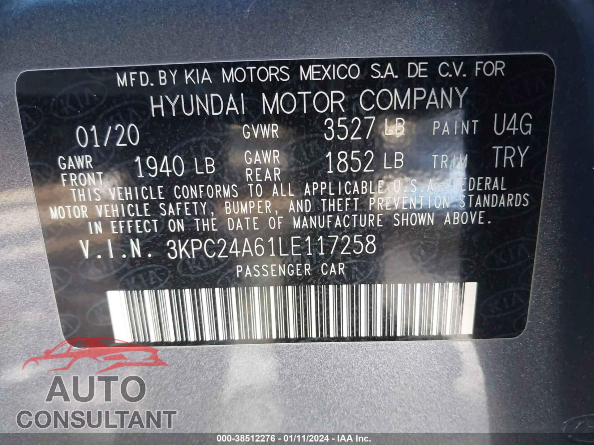 HYUNDAI ACCENT 2020 - 3KPC24A61LE117258