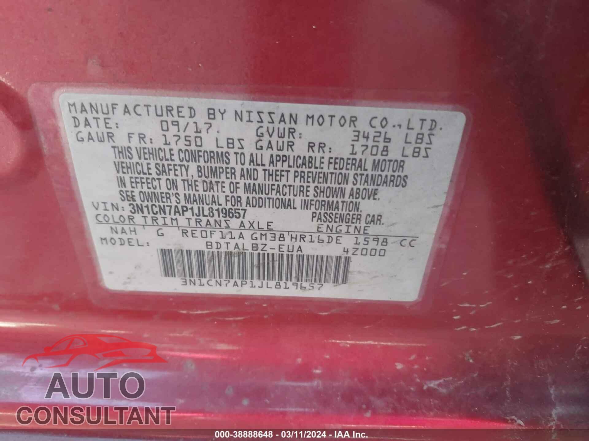 NISSAN VERSA 2018 - 3N1CN7AP1JL819657