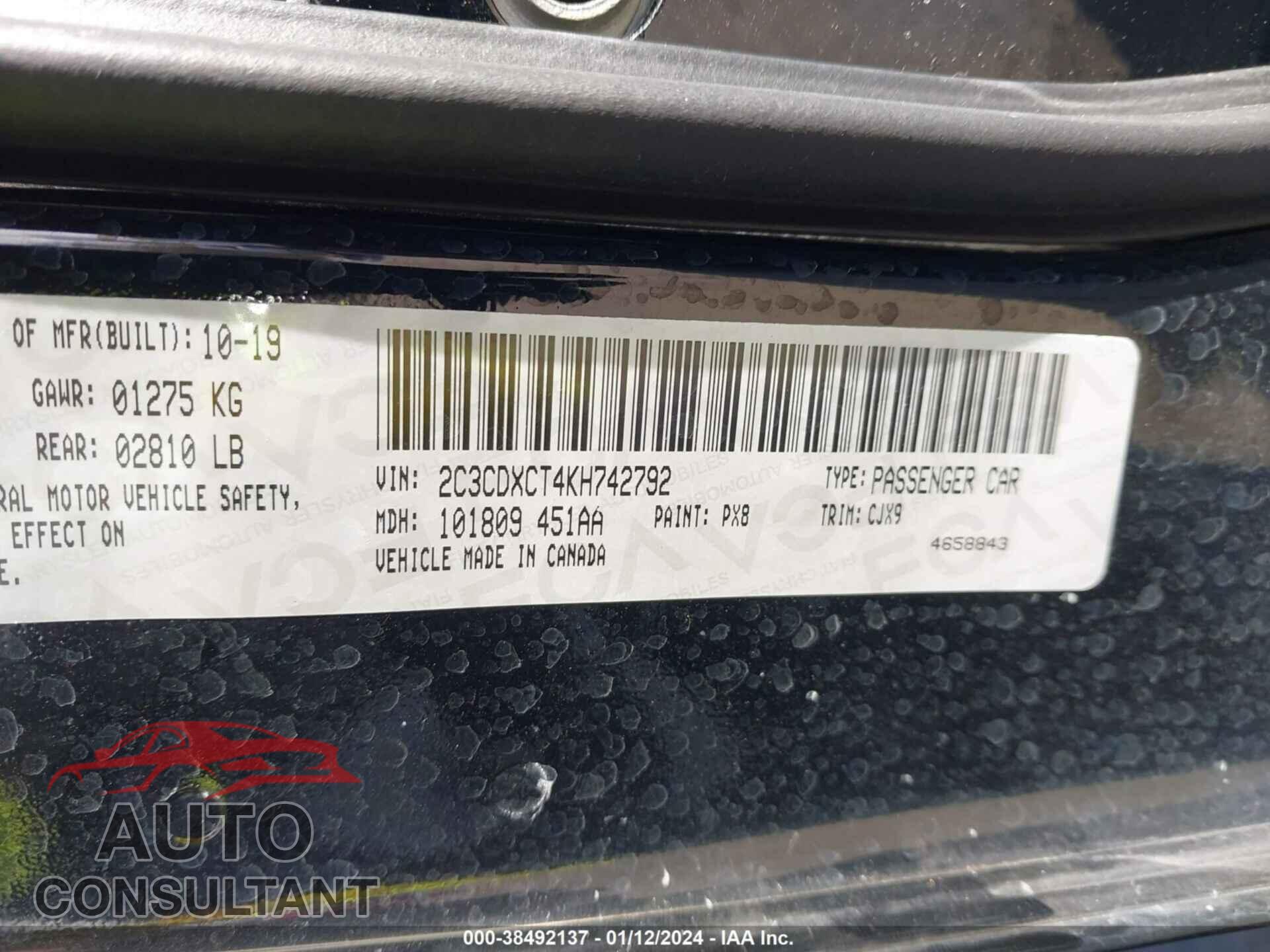 DODGE CHARGER 2019 - 2C3CDXCT4KH742792