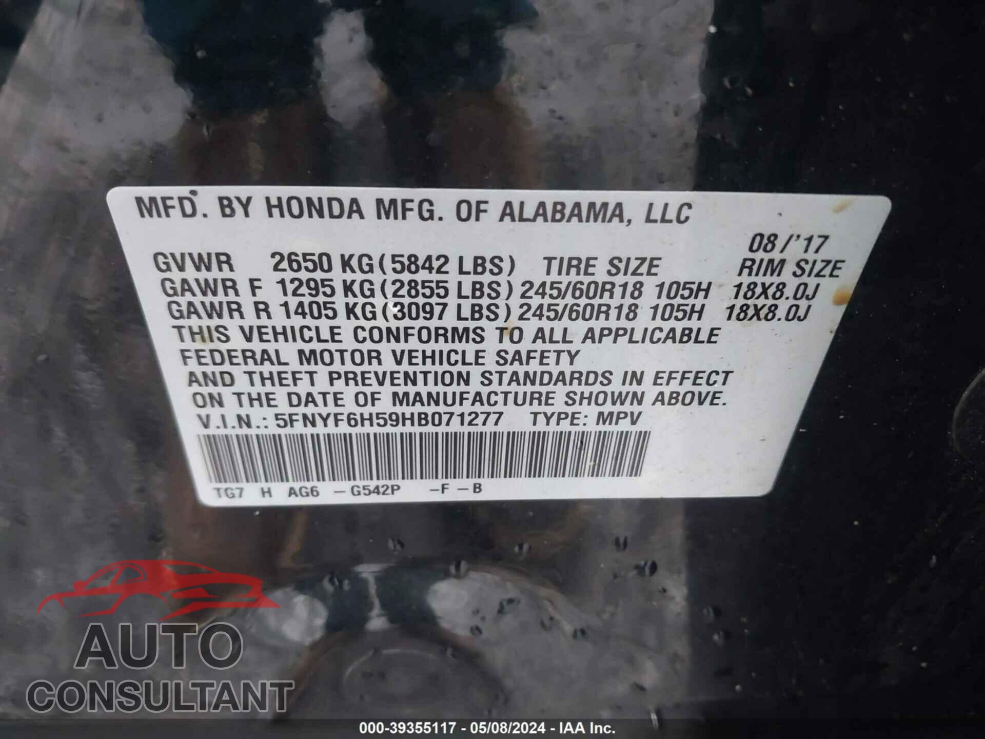 HONDA PILOT 2017 - 5FNYF6H59HB071277