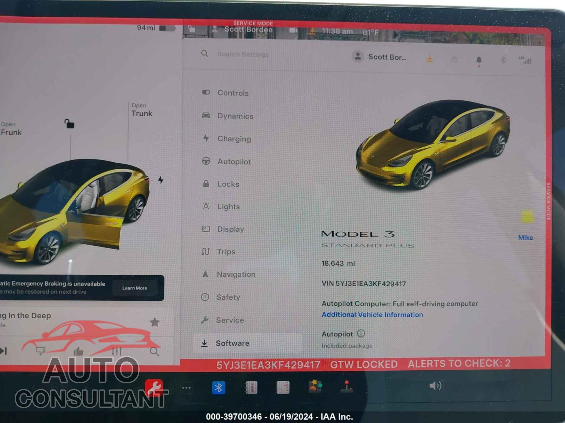 TESLA MODEL 3 2019 - 5YJ3E1EA3KF429417