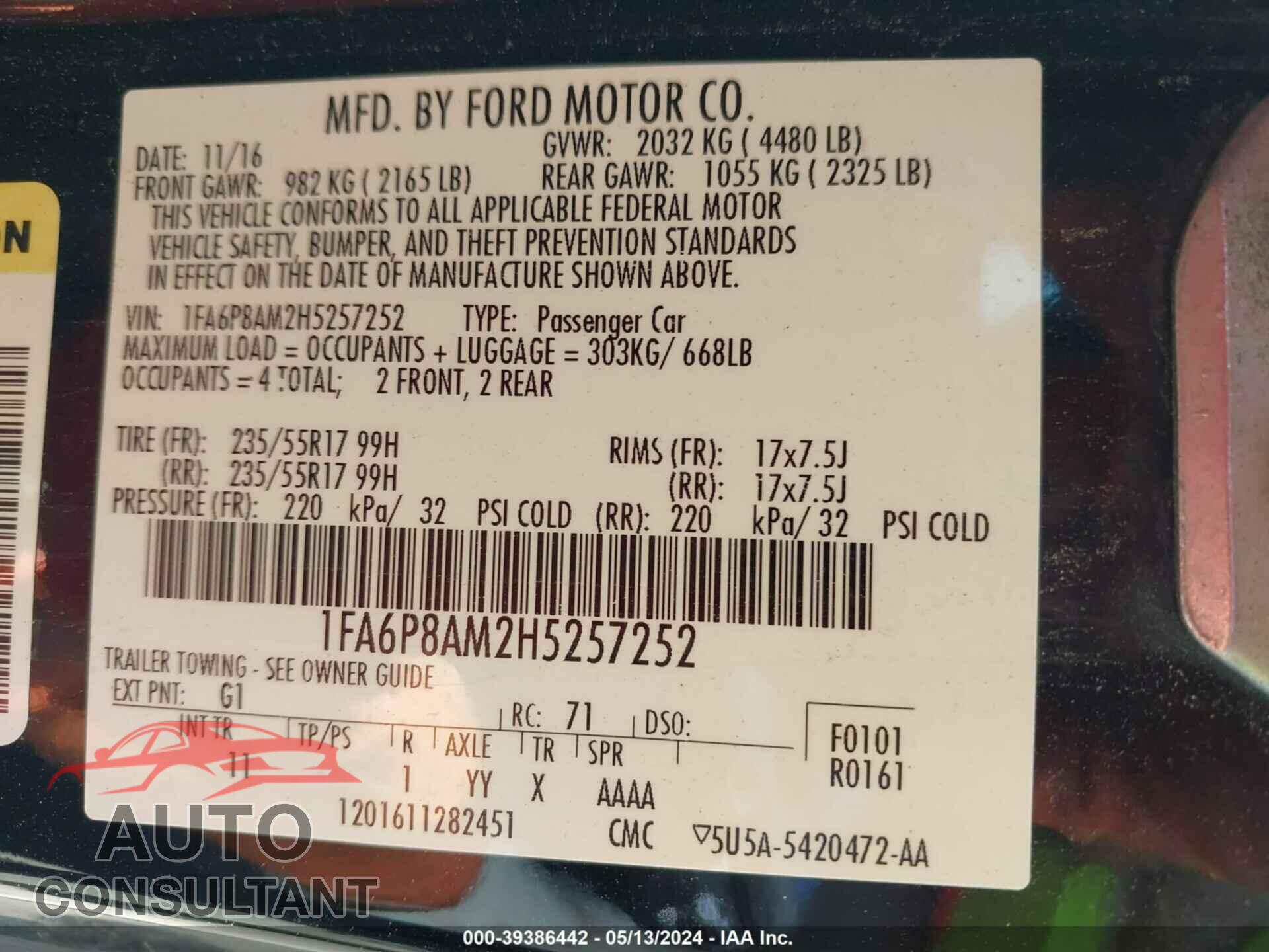 FORD MUSTANG 2017 - 1FA6P8AM2H5257252