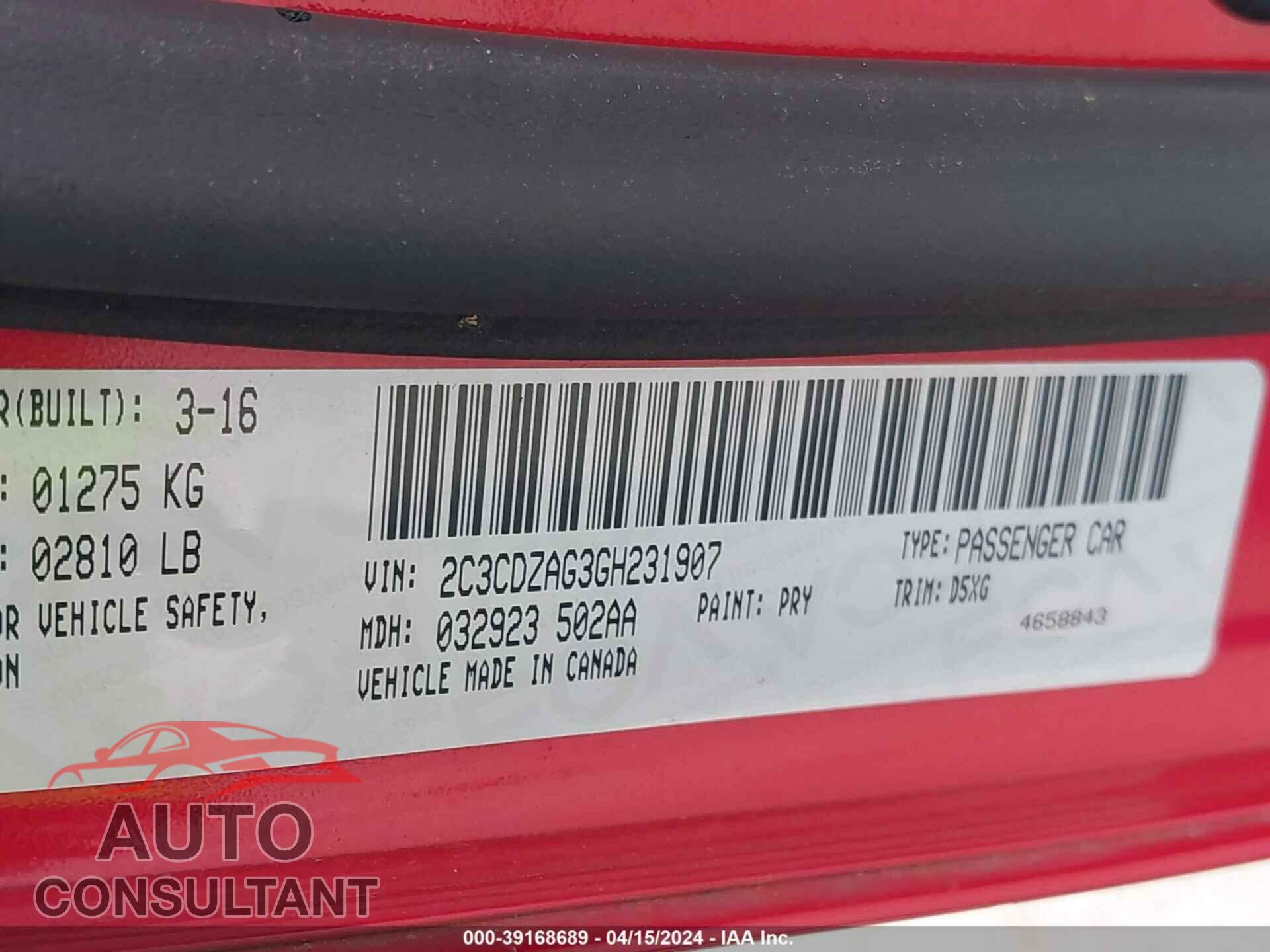 DODGE CHALLENGER 2016 - 2C3CDZAG3GH231907