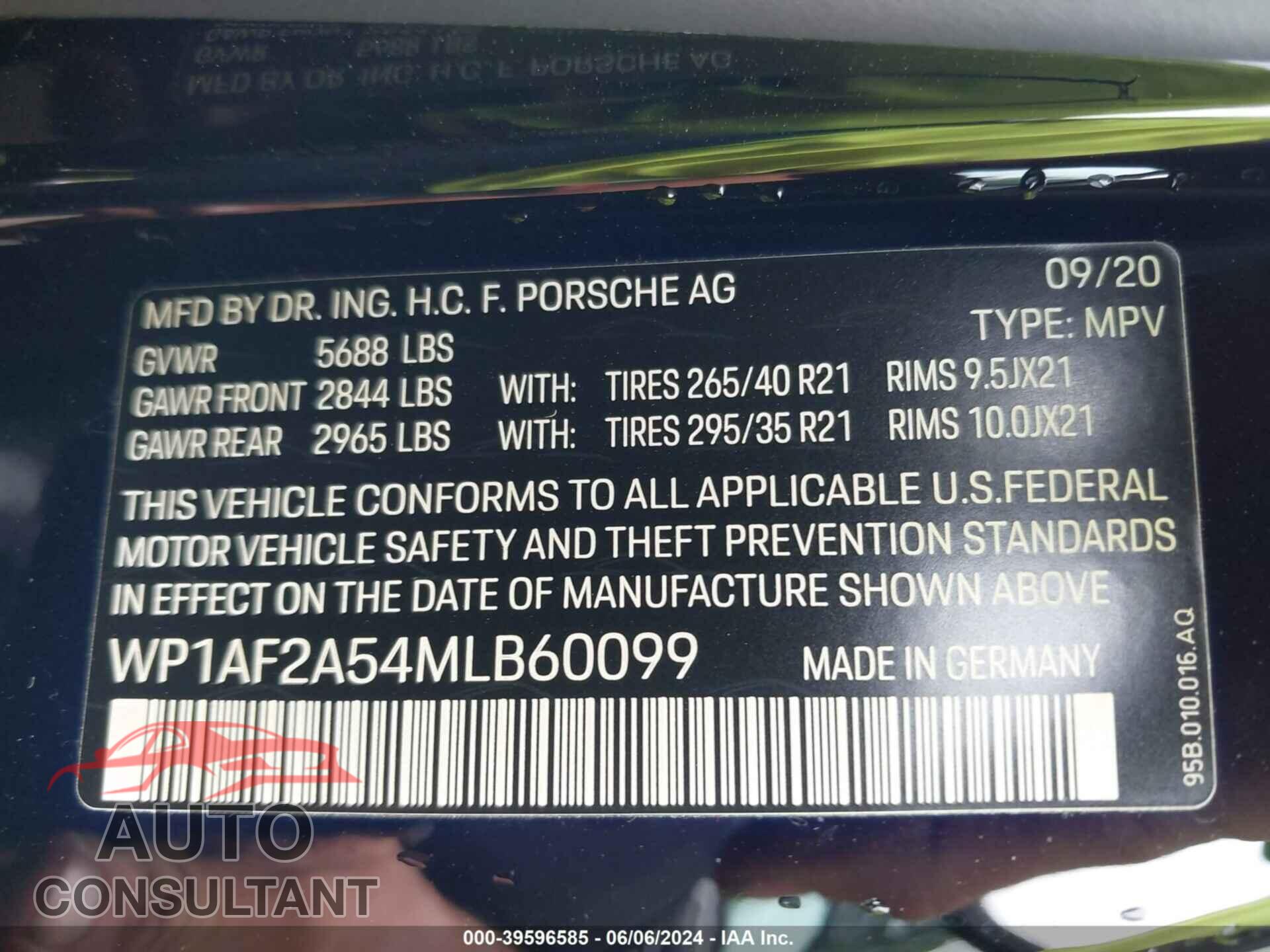 PORSCHE MACAN 2021 - WP1AF2A54MLB60099