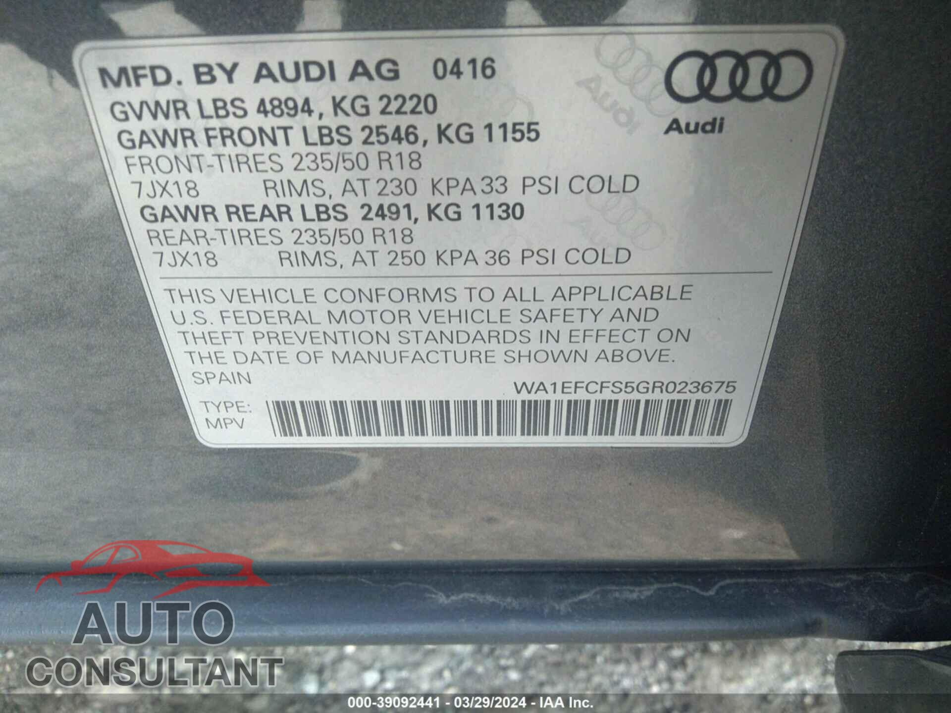 AUDI Q3 2016 - WA1EFCFS5GR023675