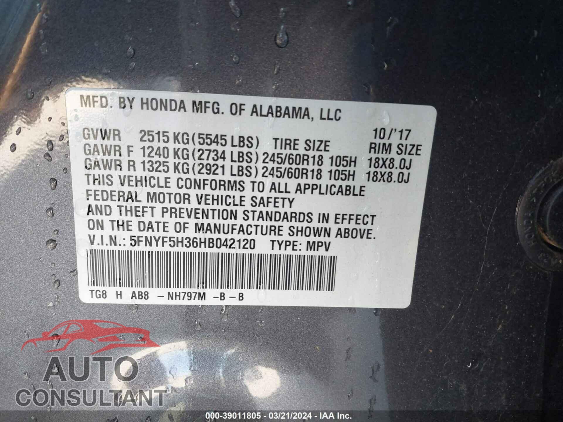 HONDA PILOT 2017 - 5FNYF5H36HB042120