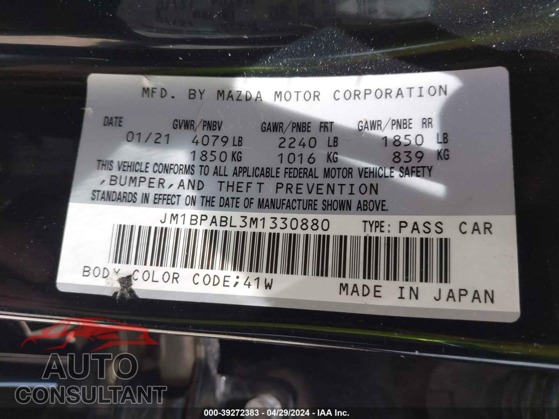 MAZDA MAZDA3 2021 - JM1BPABL3M1330880