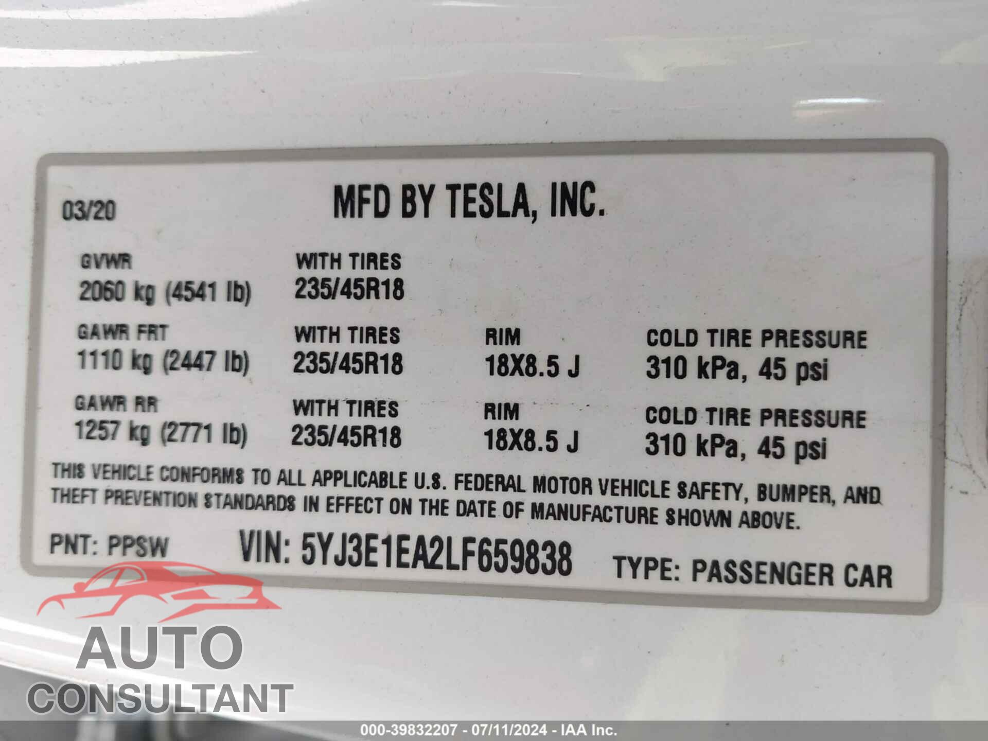 TESLA MODEL 3 2020 - 5YJ3E1EA2LF659838