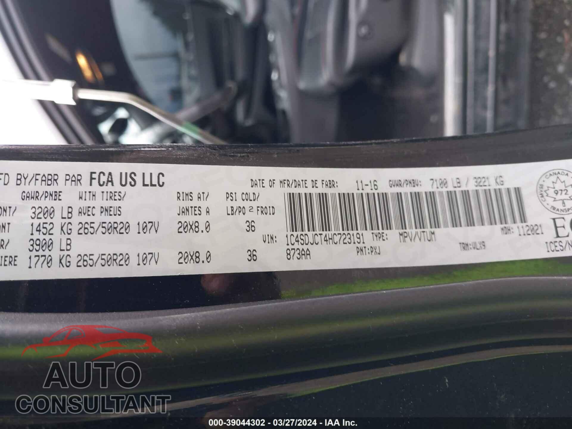 DODGE DURANGO 2017 - 1C4SDJCT4HC723191