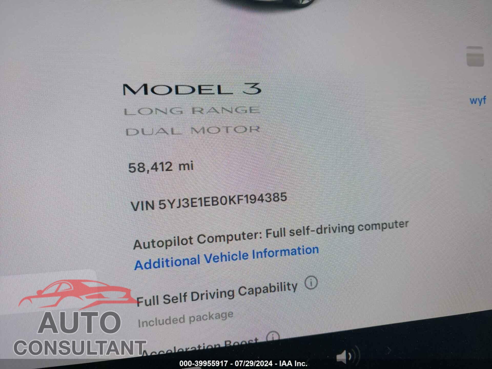 TESLA MODEL 3 2019 - 5YJ3E1EB0KF194385