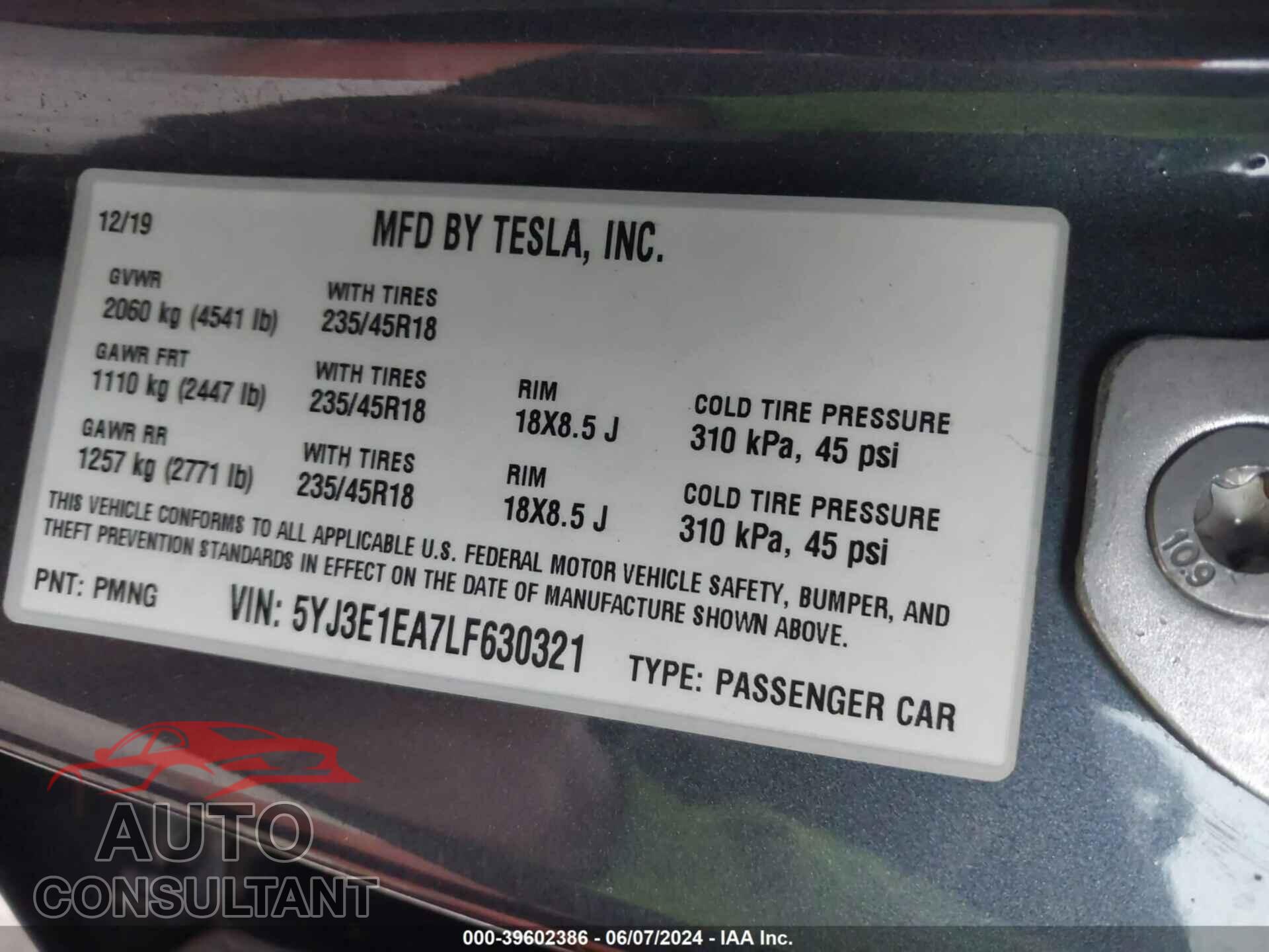 TESLA MODEL 3 2020 - 5YJ3E1EA7LF630321
