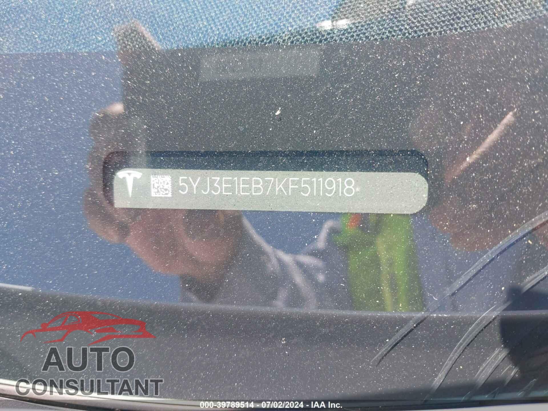 TESLA MODEL 3 2019 - 5YJ3E1EB7KF511918