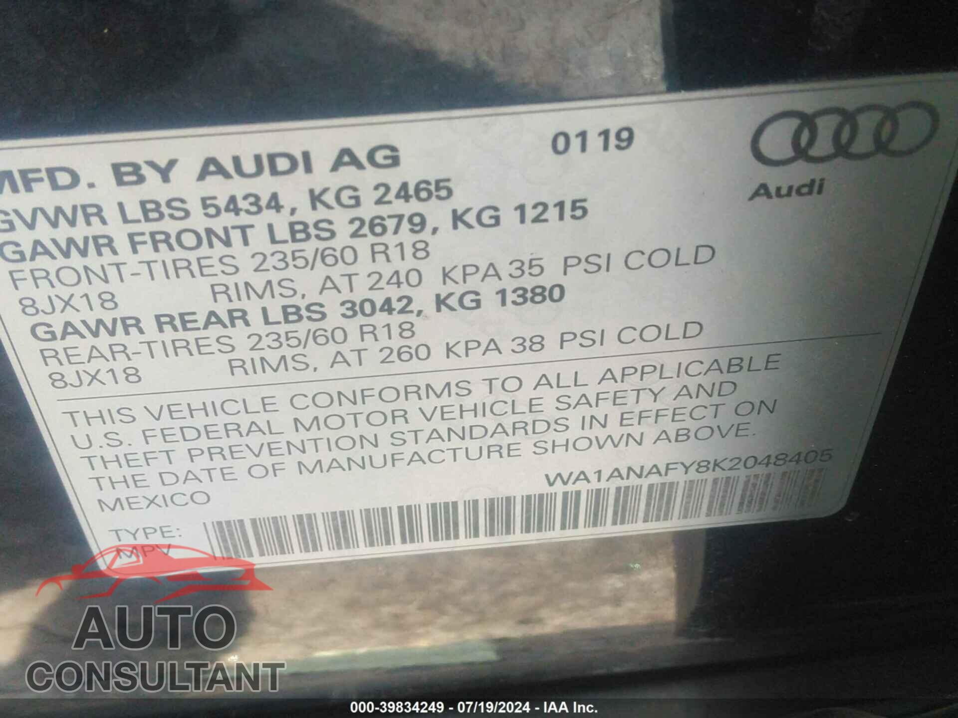 AUDI Q5 2019 - WA1ANAFY8K2048405