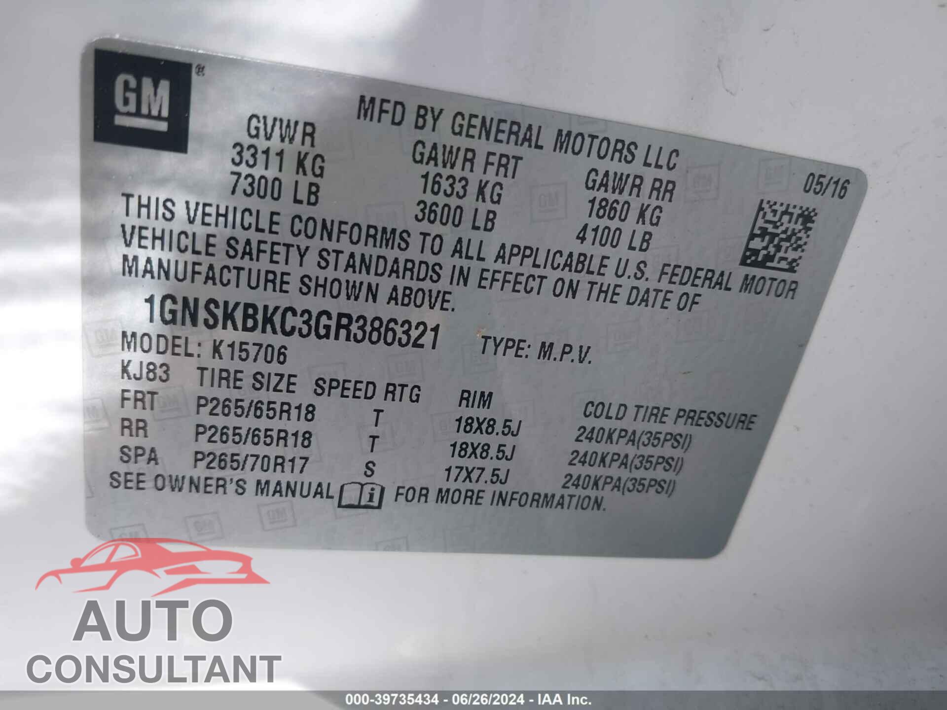 CHEVROLET TAHOE 2016 - 1GNSKBKC3GR386321