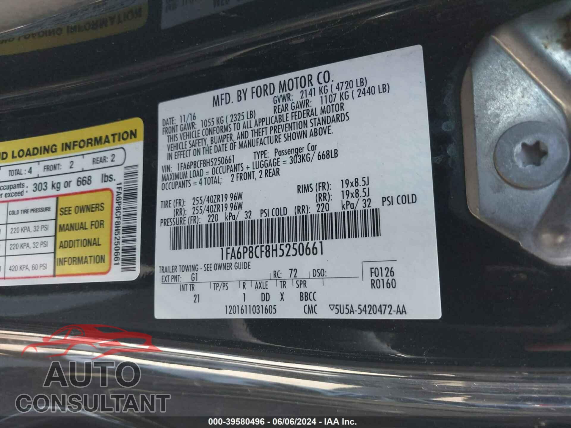 FORD MUSTANG 2017 - 1FA6P8CF8H5250661