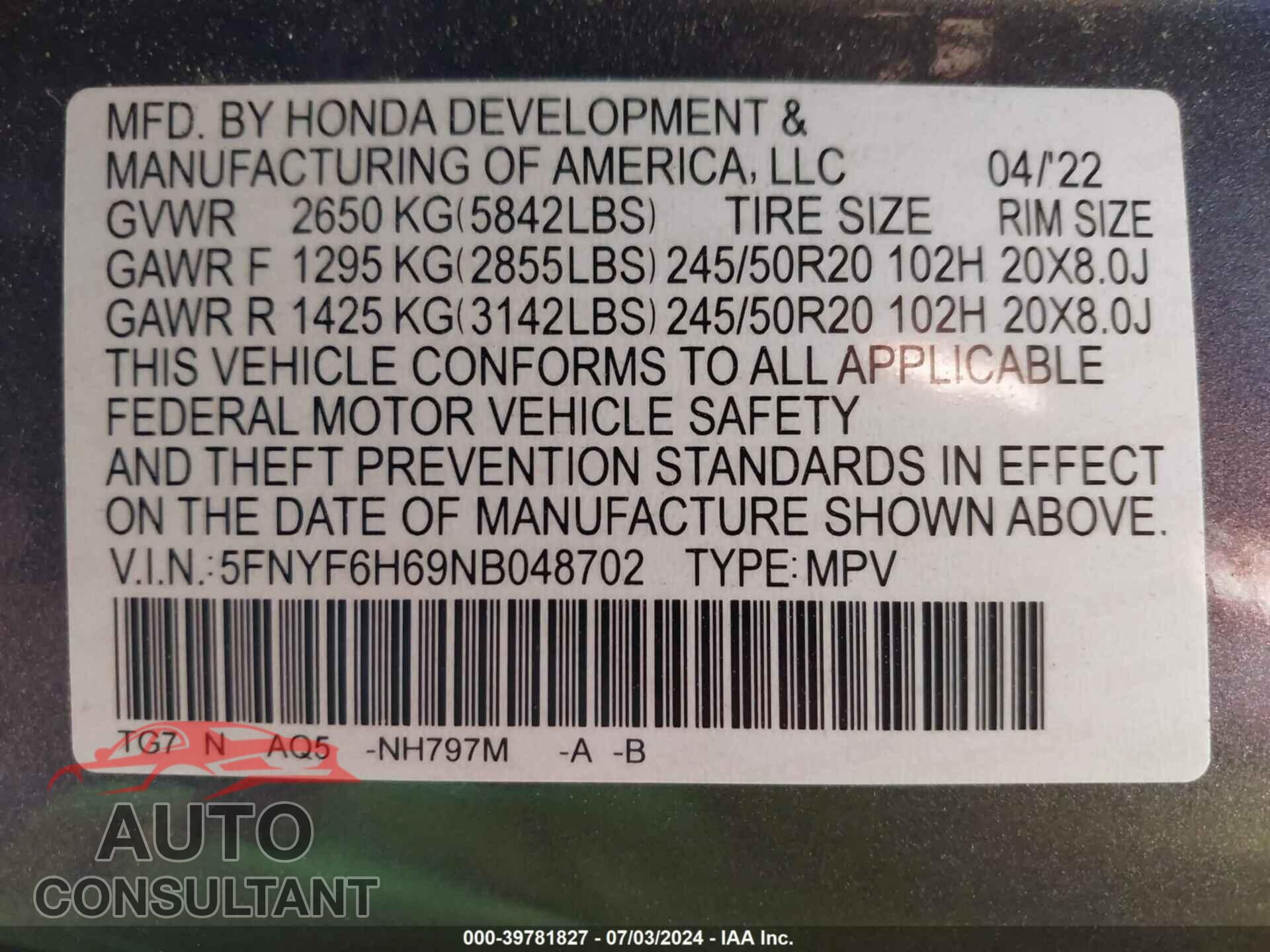 HONDA PILOT 2022 - 5FNYF6H69NB048702