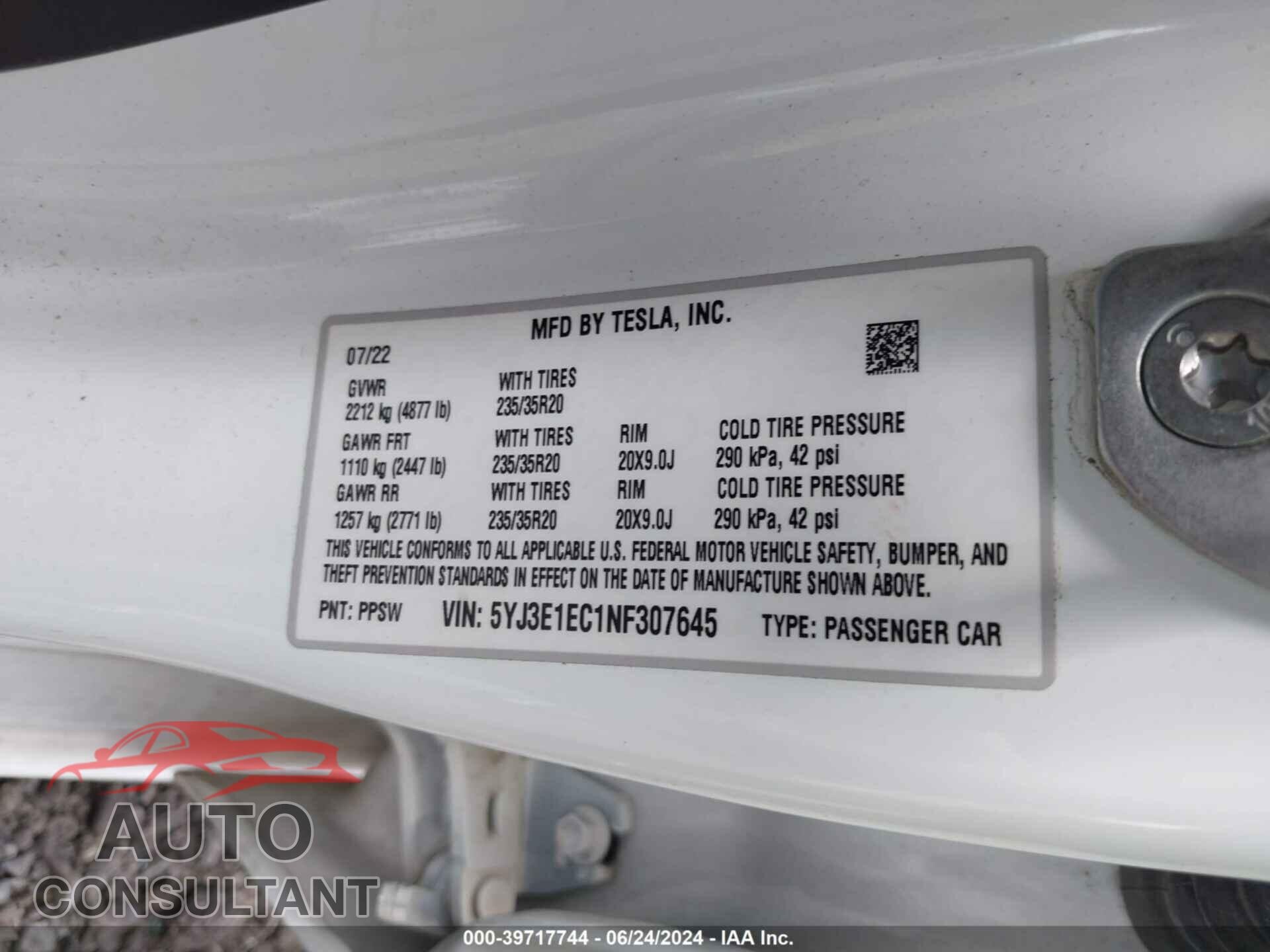 TESLA MODEL 3 2022 - 5YJ3E1EC1NF307645