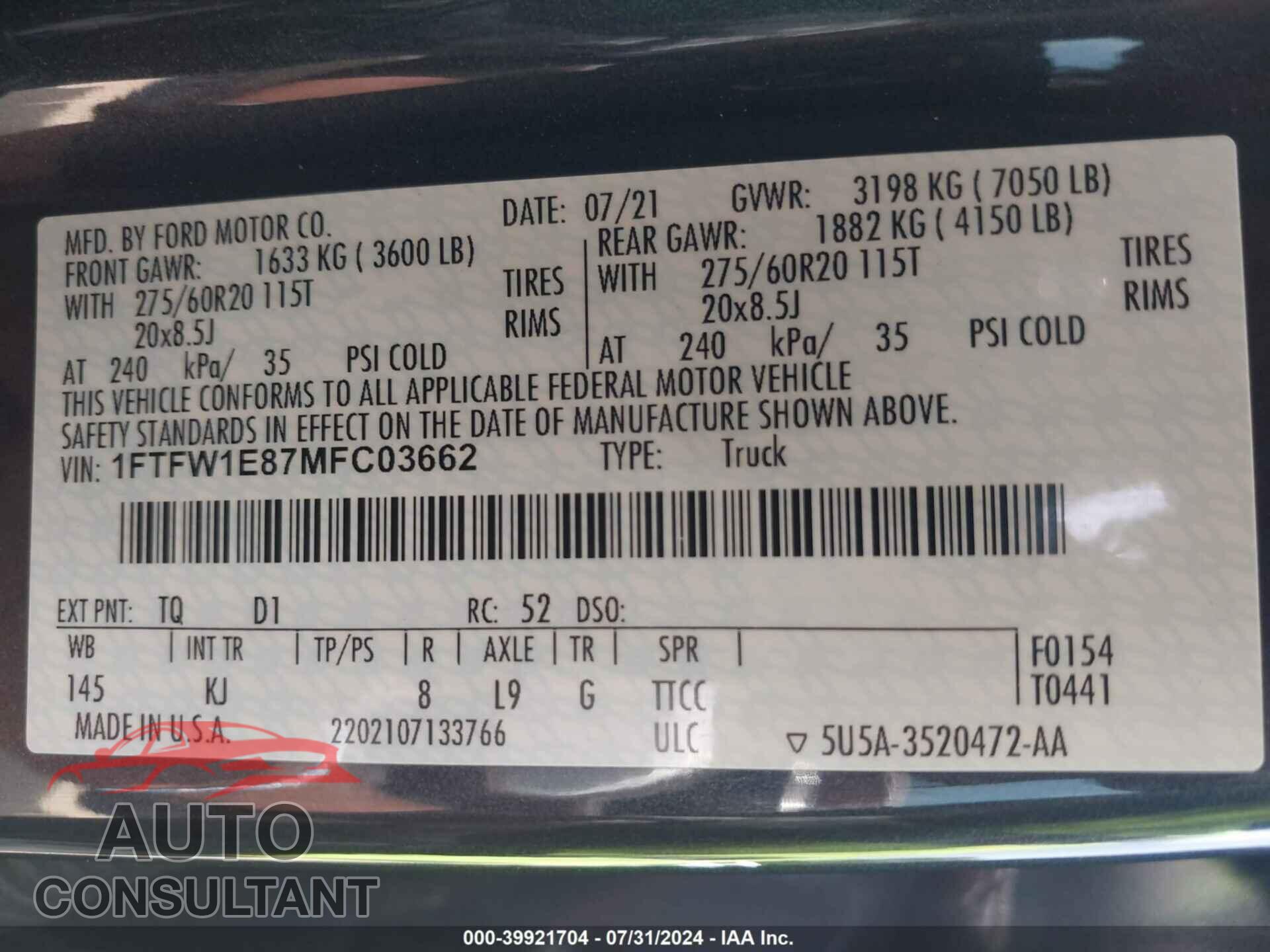 FORD F-150 2021 - 1FTFW1E87MFC03662