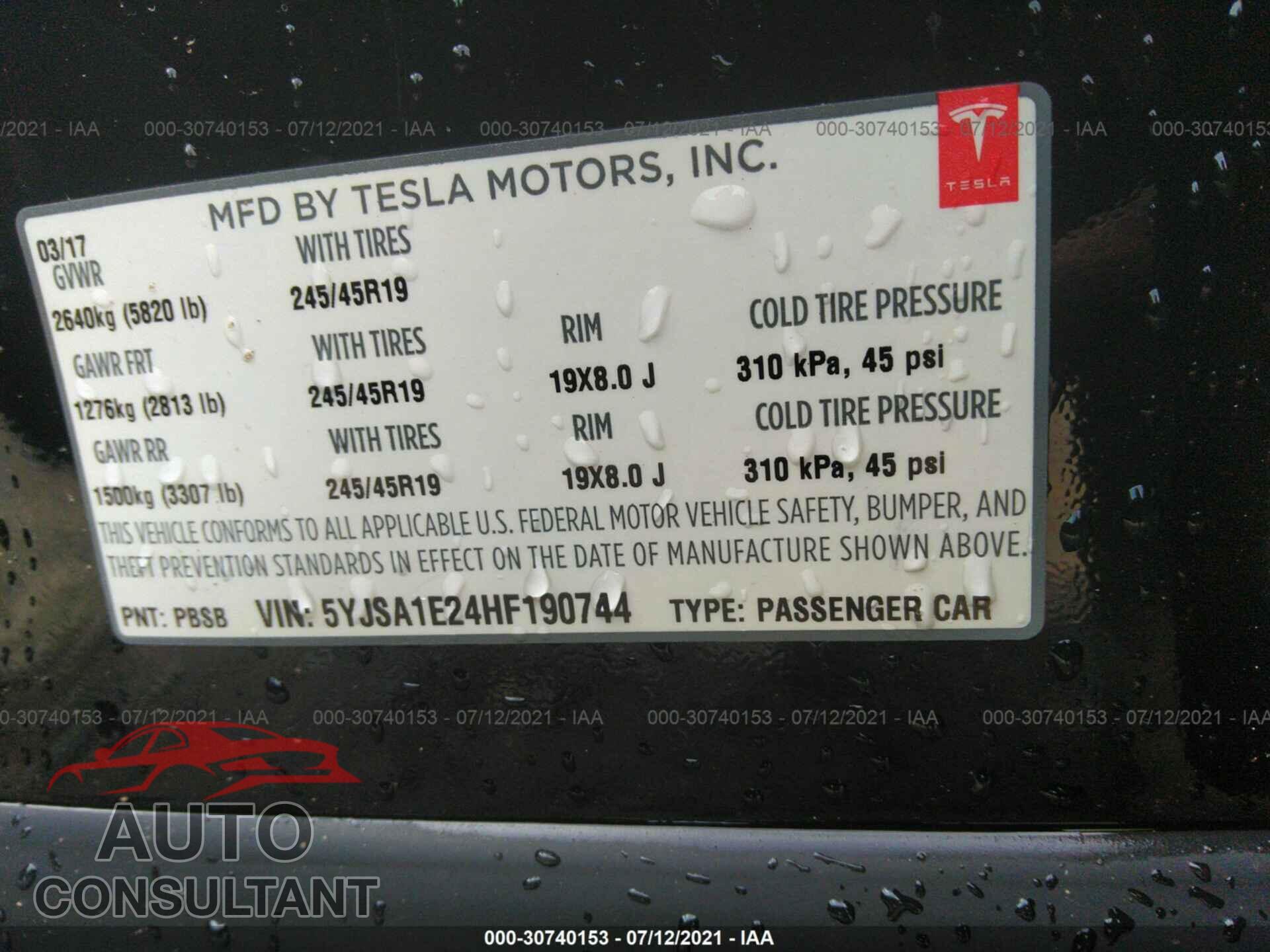 TESLA MODEL S 2017 - 5YJSA1E24HF190744