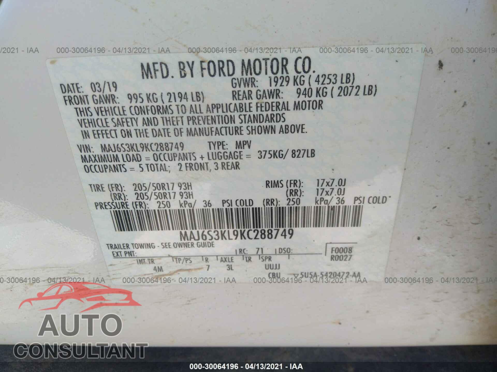 FORD ECOSPORT 2019 - MAJ6S3KL9KC288749