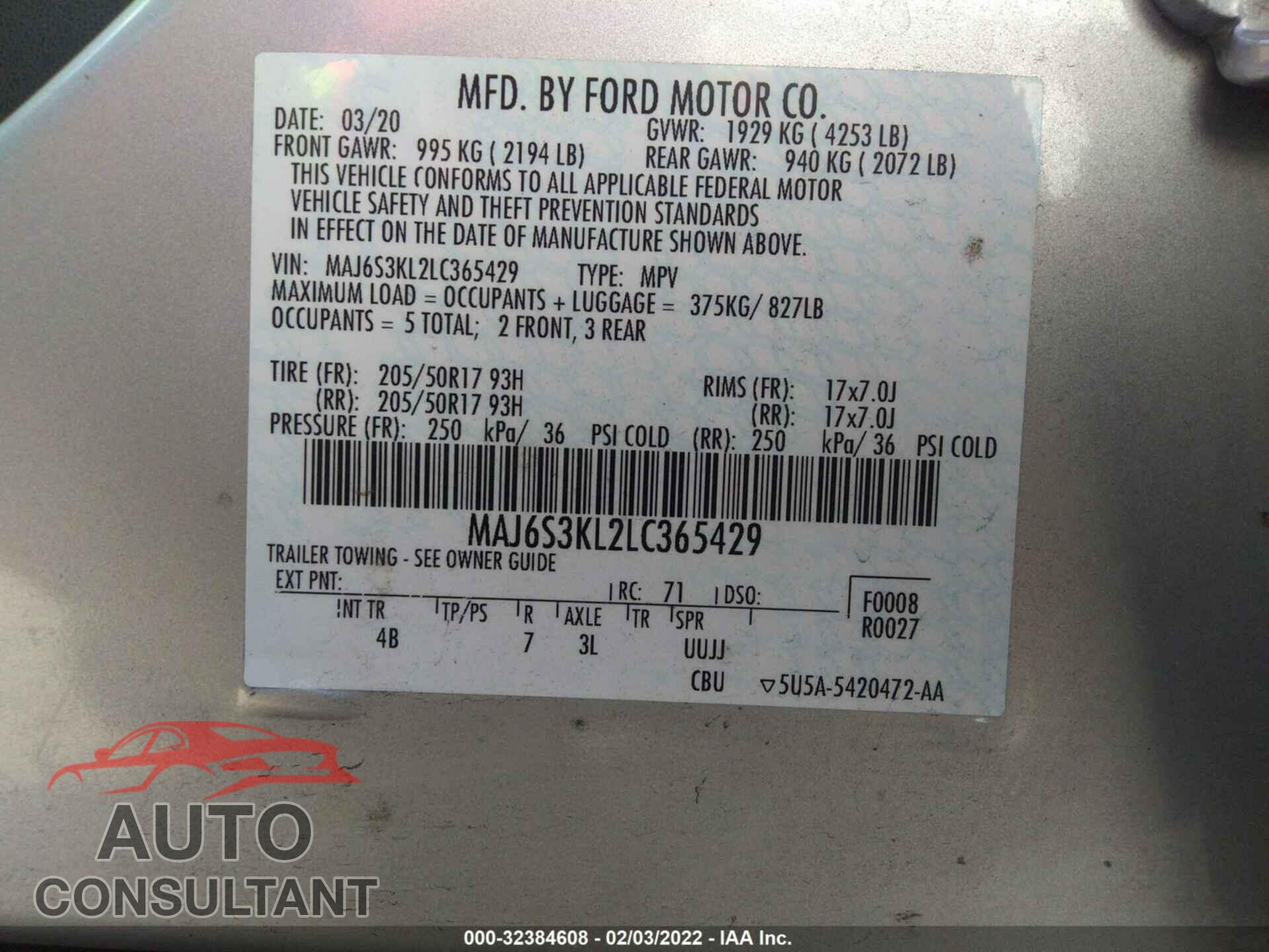 FORD ECOSPORT 2020 - MAJ6S3KL2LC365429