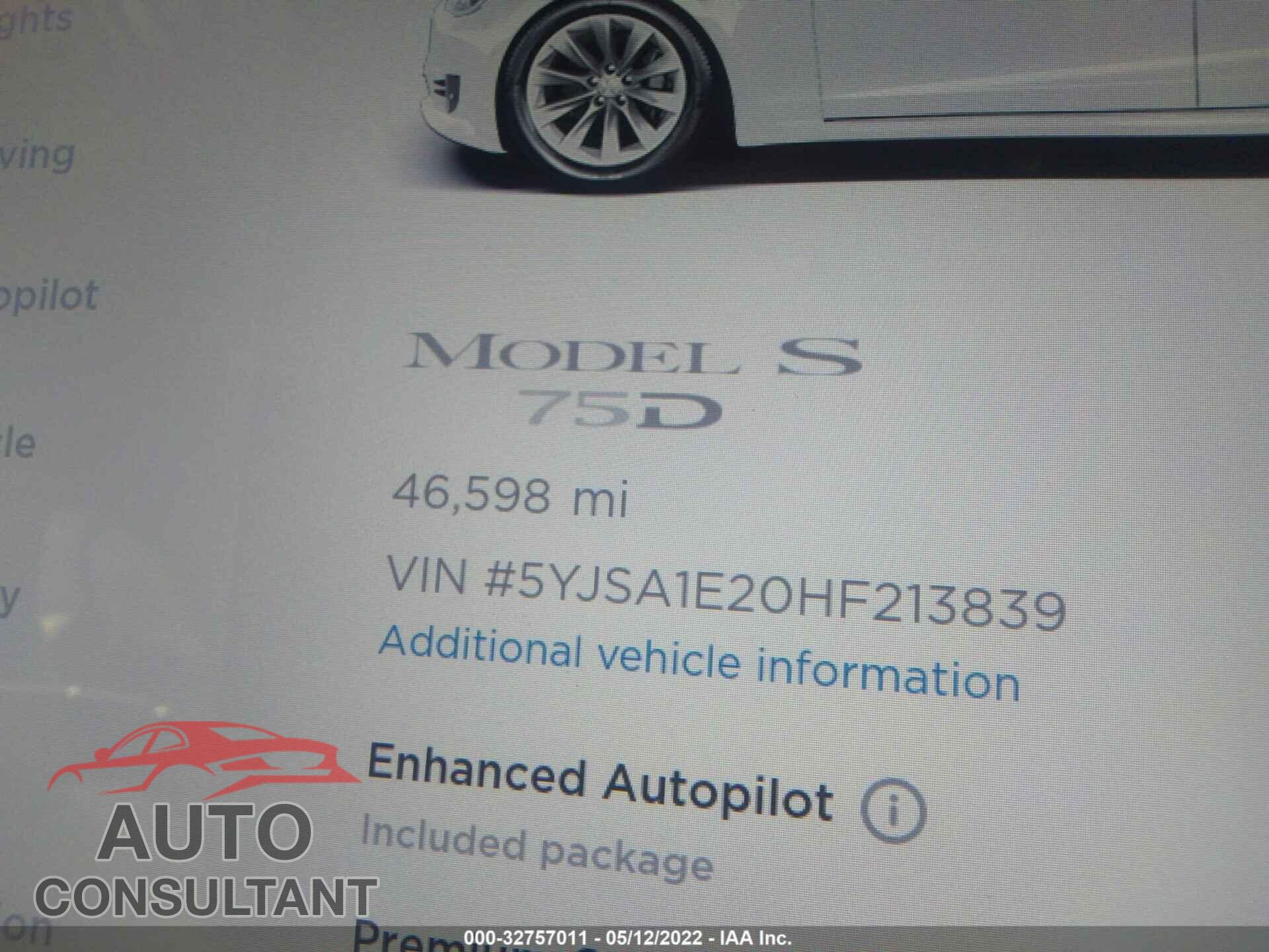 TESLA MODEL S 2017 - 5YJSA1E20HF213839