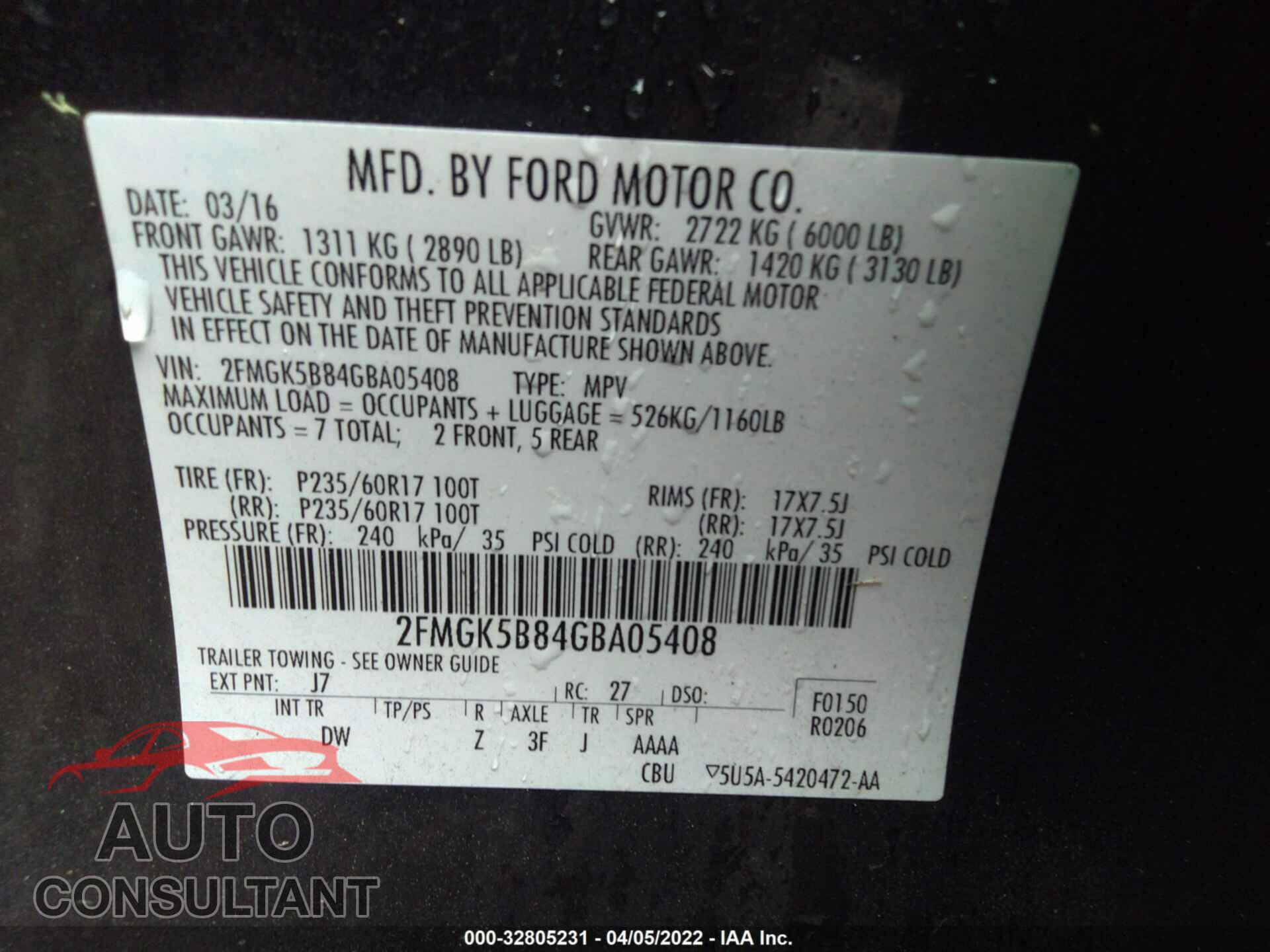 FORD FLEX 2016 - 2FMGK5B84GBA05408