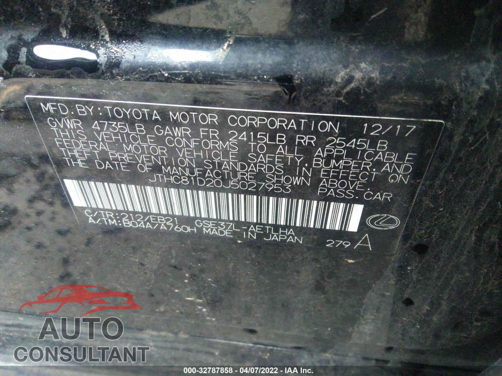 LEXUS IS 2018 - JTHC81D20J5027953