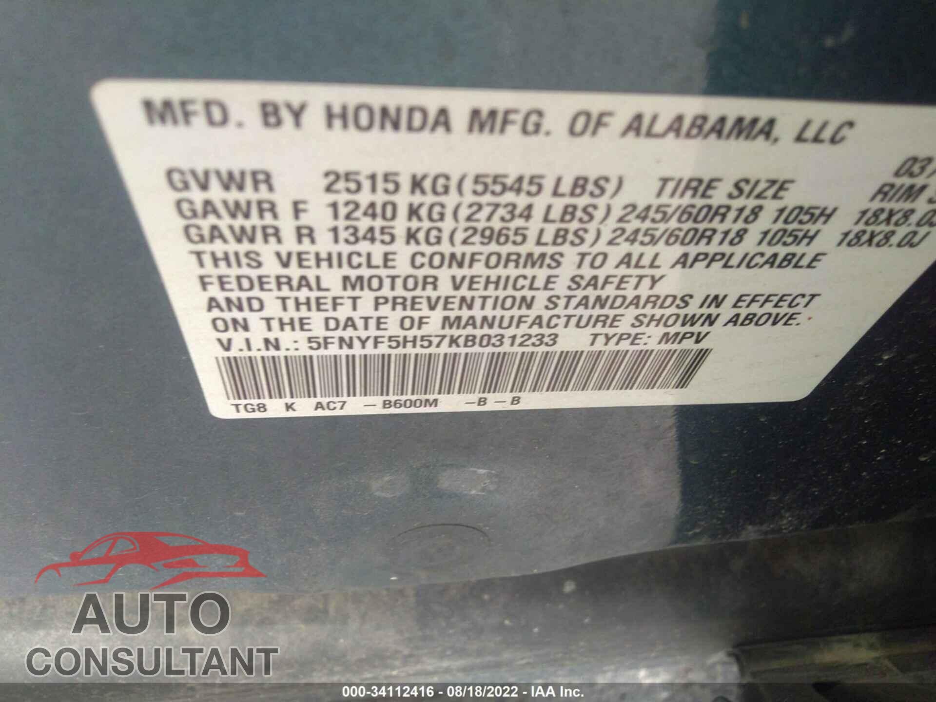 HONDA PILOT 2019 - 5FNYF5H57KB031233