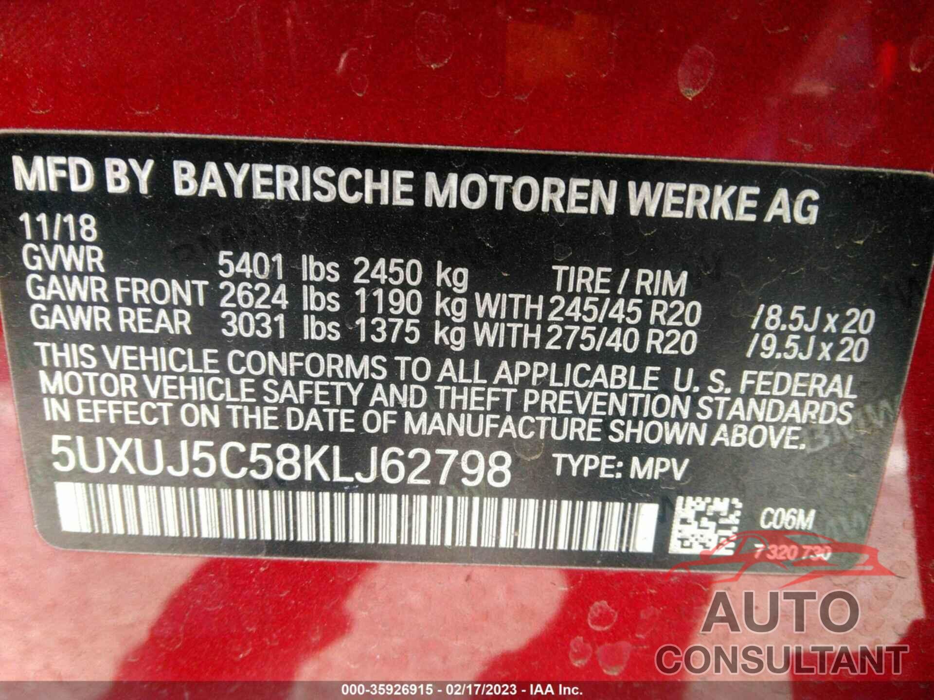 BMW X4 2019 - 5UXUJ5C58KLJ62798