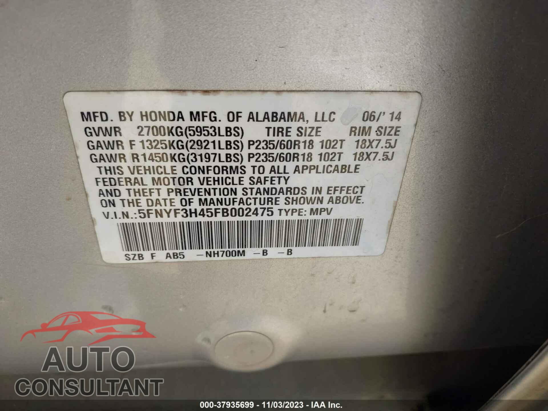 HONDA PILOT 2015 - 5FNYF3H45FB002475
