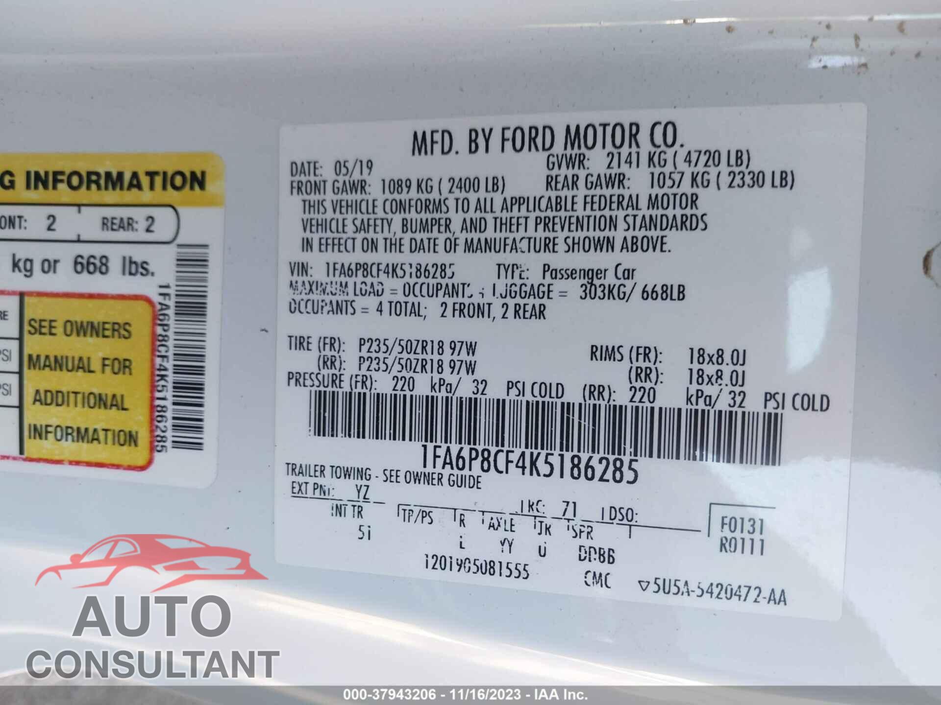 FORD MUSTANG 2019 - 1FA6P8CF4K5186285