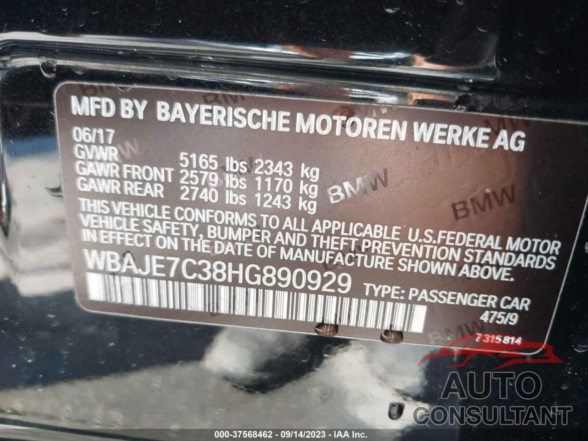 BMW 5 SERIES 2017 - WBAJE7C38HG890929