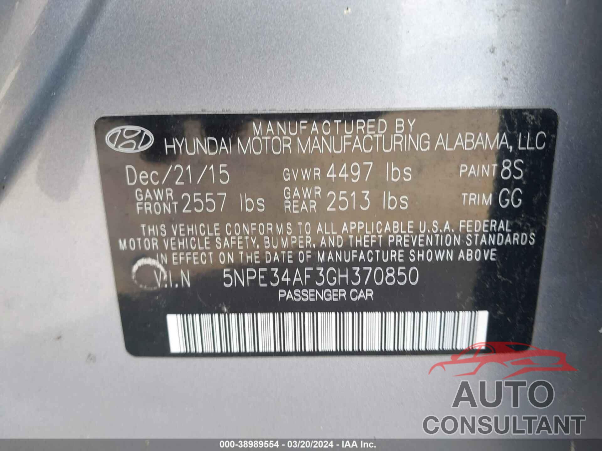 HYUNDAI SONATA 2016 - 5NPE34AF3GH370850