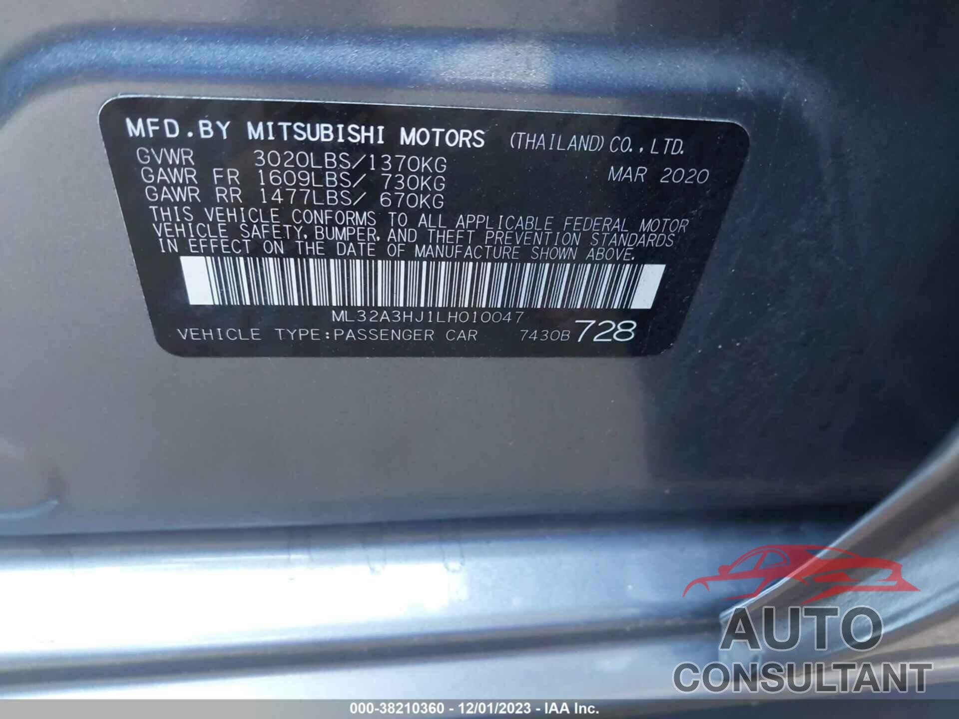 MITSUBISHI MIRAGE 2020 - ML32A3HJ1LH010047