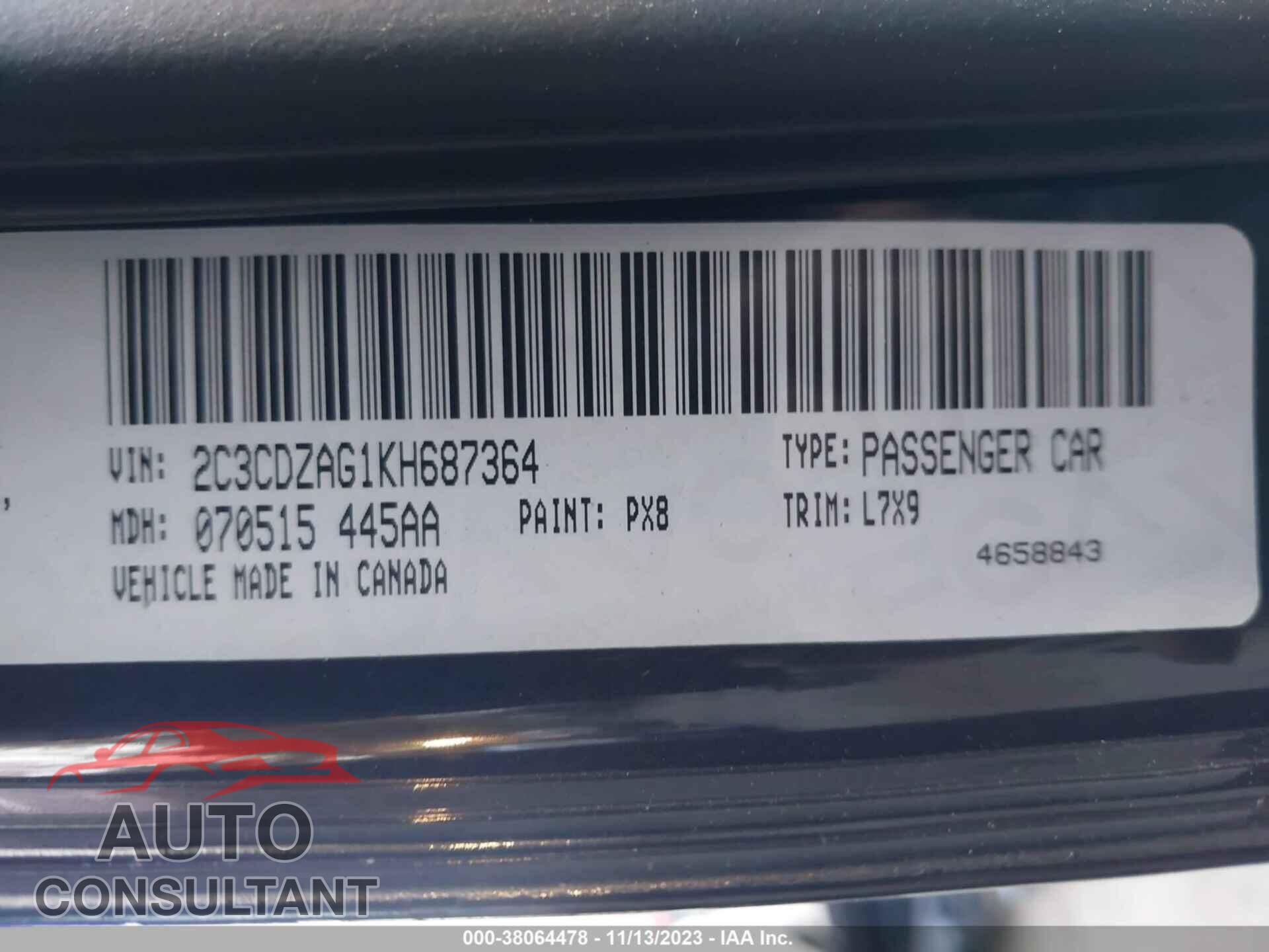 DODGE CHALLENGER 2019 - 2C3CDZAG1KH687364