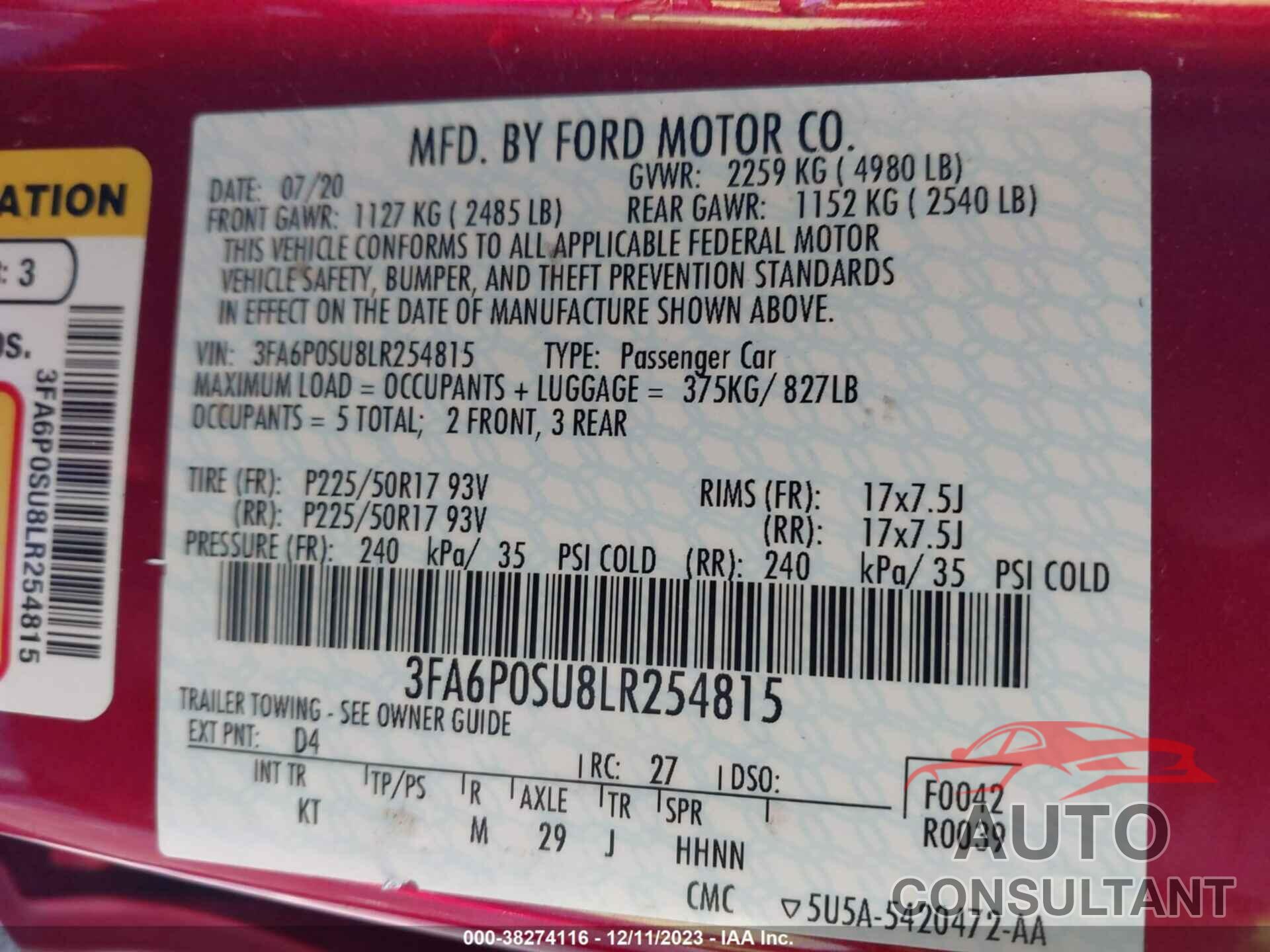 FORD FUSION 2020 - 3FA6P0SU8LR254815