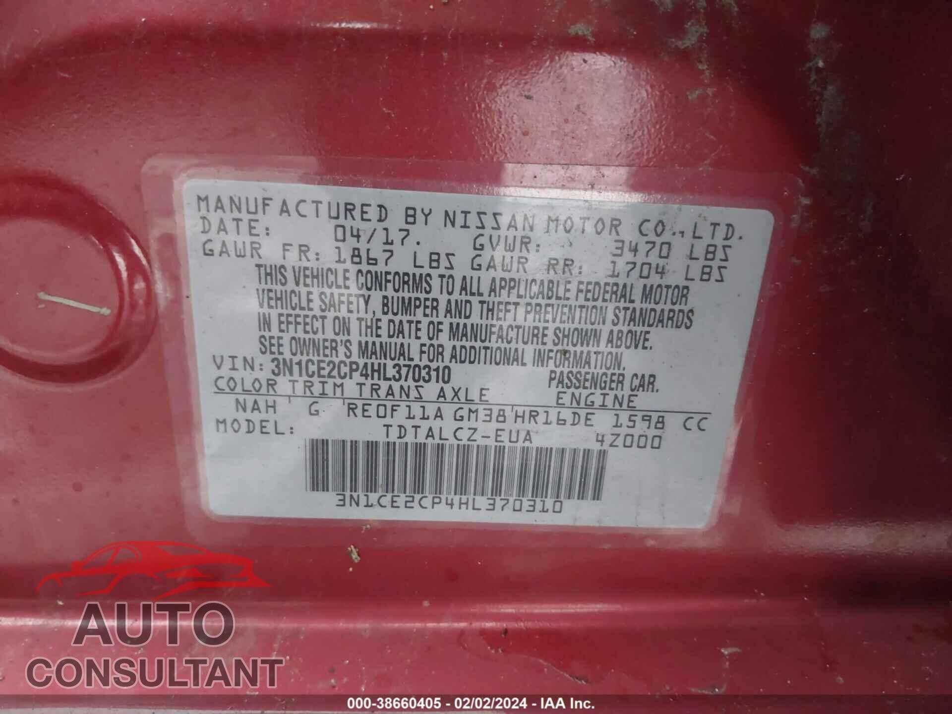 NISSAN VERSA NOTE 2017 - 3N1CE2CP4HL370310