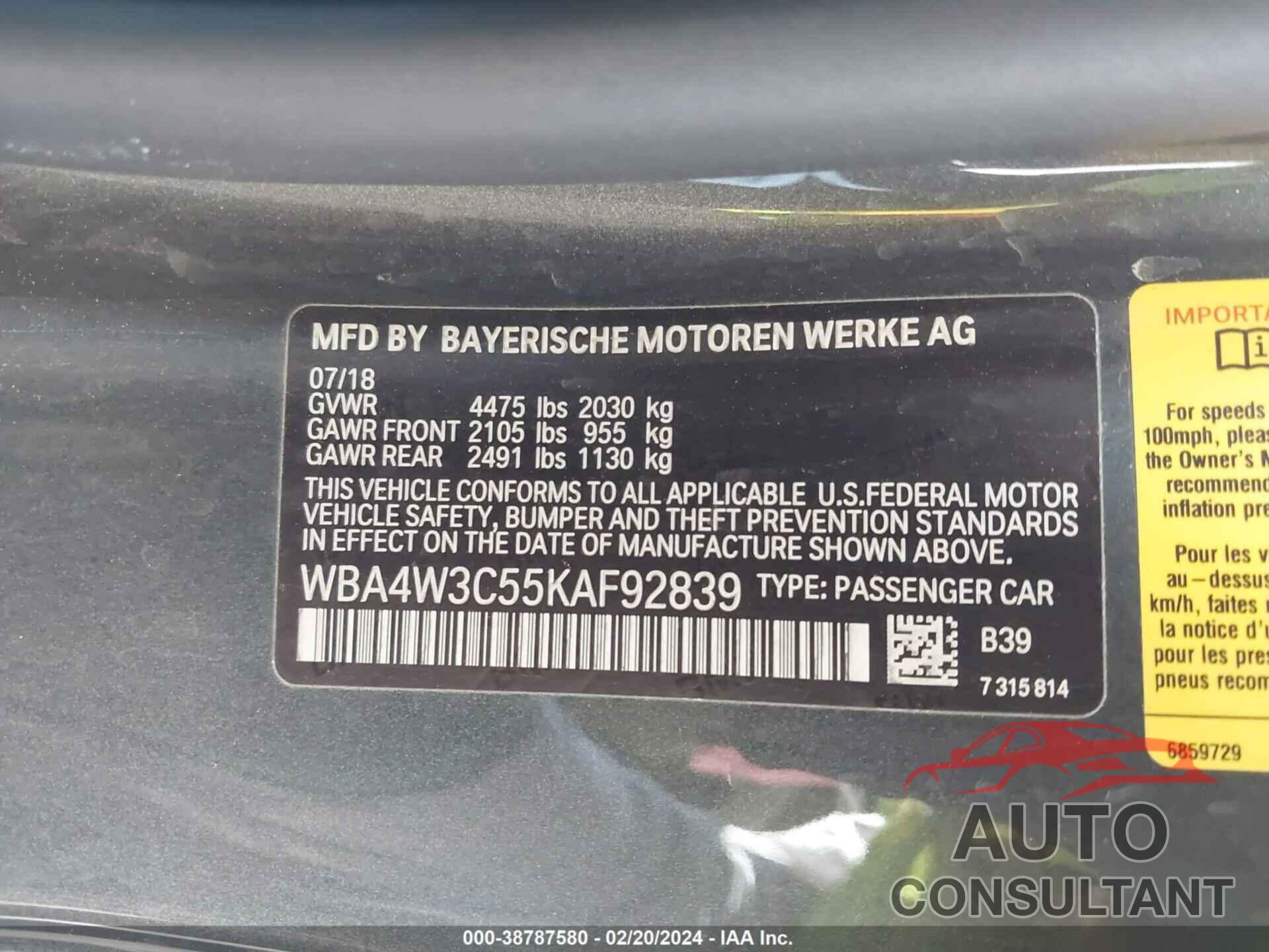 BMW 430I 2019 - WBA4W3C55KAF92839