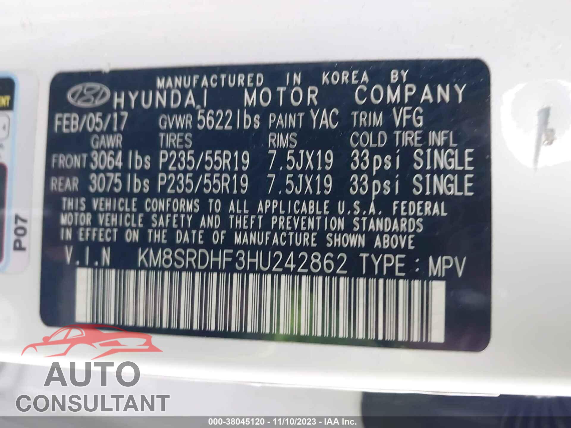 HYUNDAI SANTA FE 2017 - KM8SRDHF3HU242862