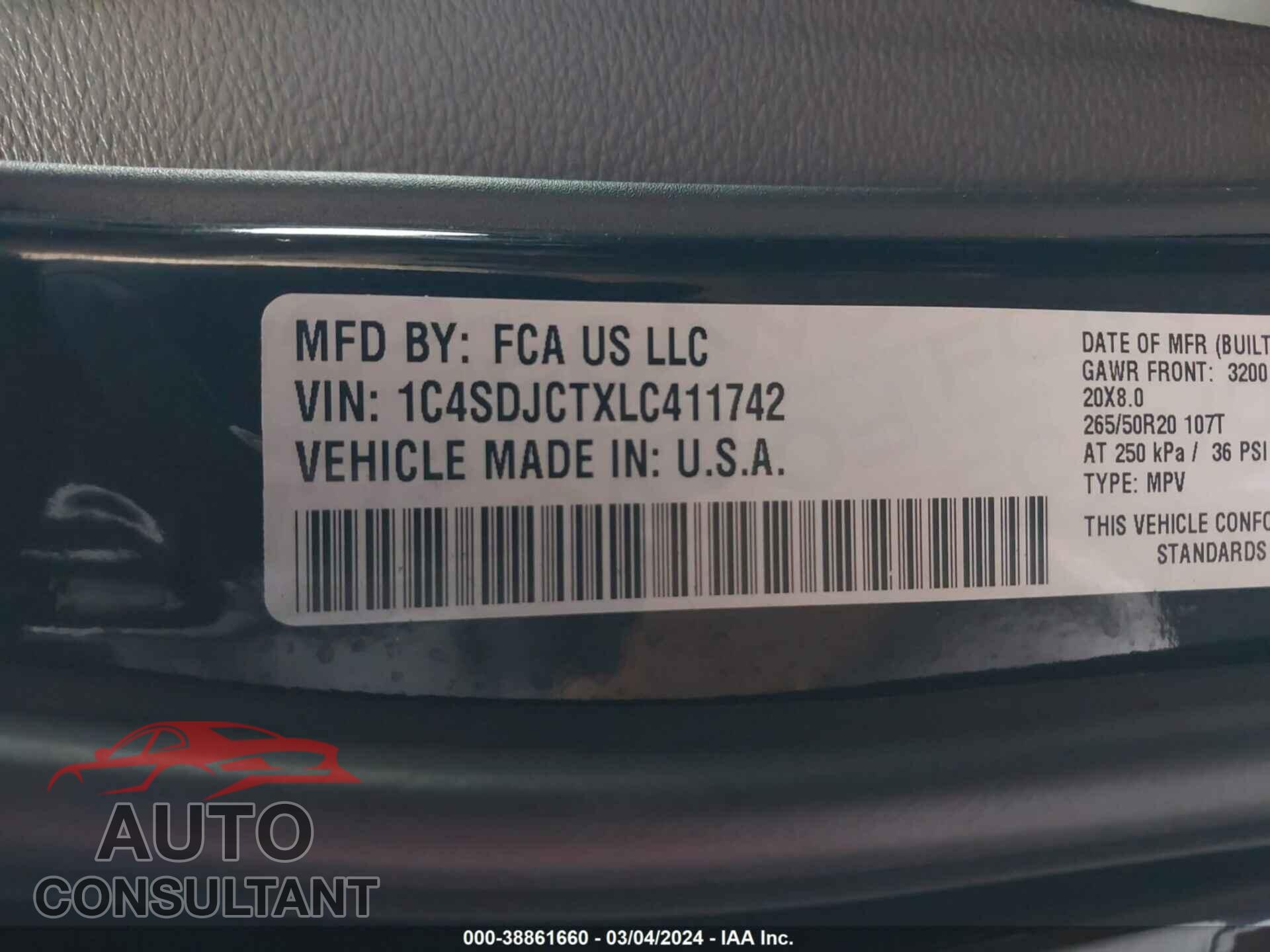 DODGE DURANGO 2020 - 1C4SDJCTXLC411742