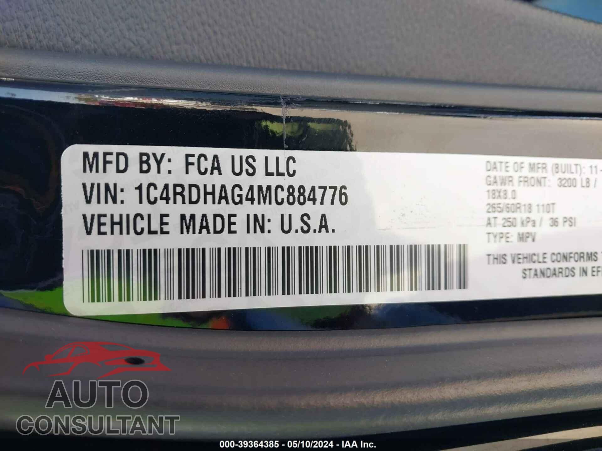 DODGE DURANGO 2021 - 1C4RDHAG4MC884776