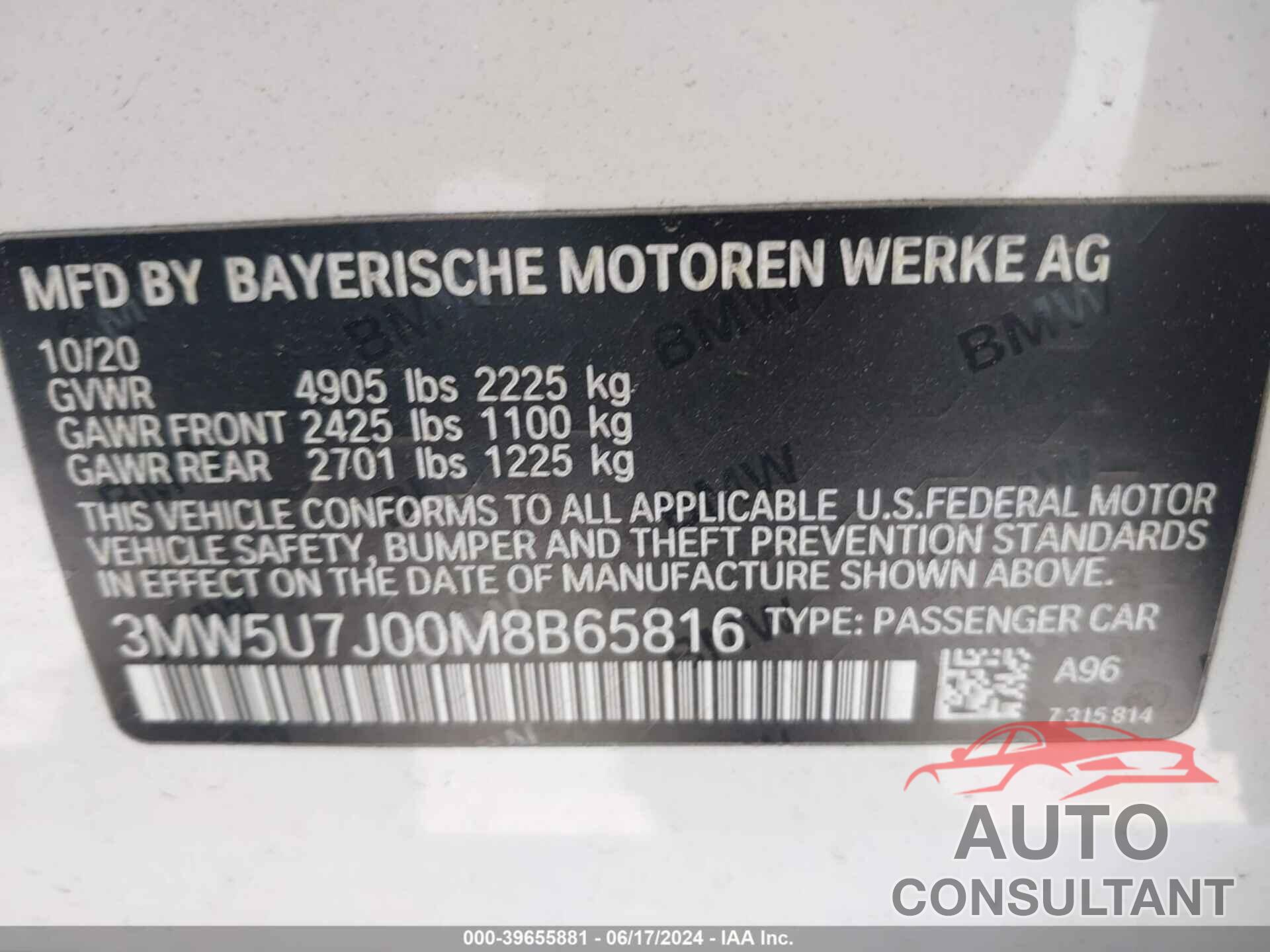 BMW 3 SERIES 2021 - 3MW5U7J00M8B65816