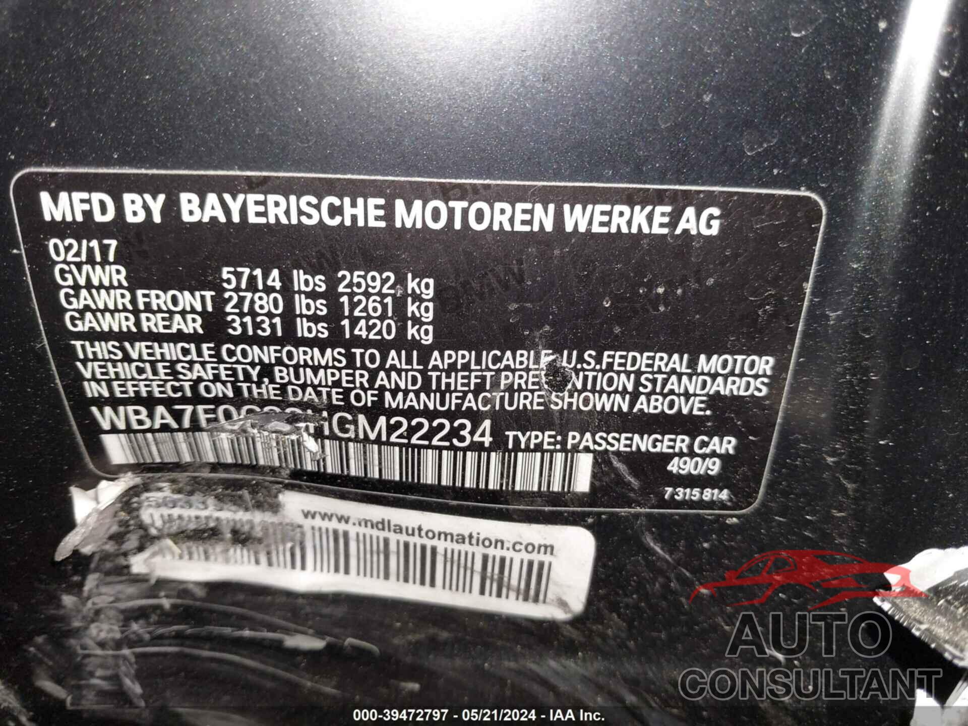 BMW 750I 2017 - WBA7F0C33HGM22234